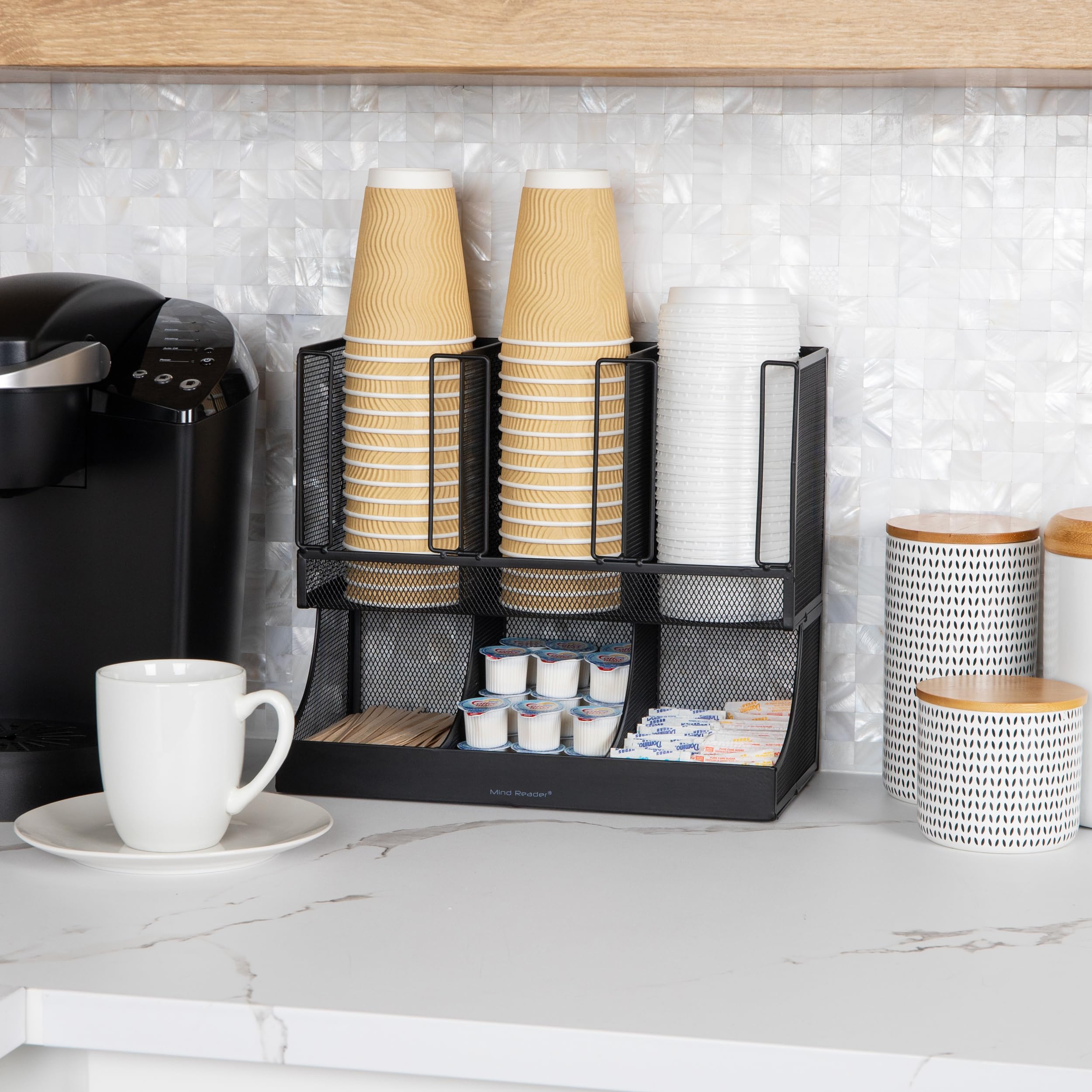 Mind Reader Condiment Station, 13 Inch Countertop Coffee Bar Organizer with 6 Compartments, Storage Caddy for Cups, Lids and Packets, Plastic, Black