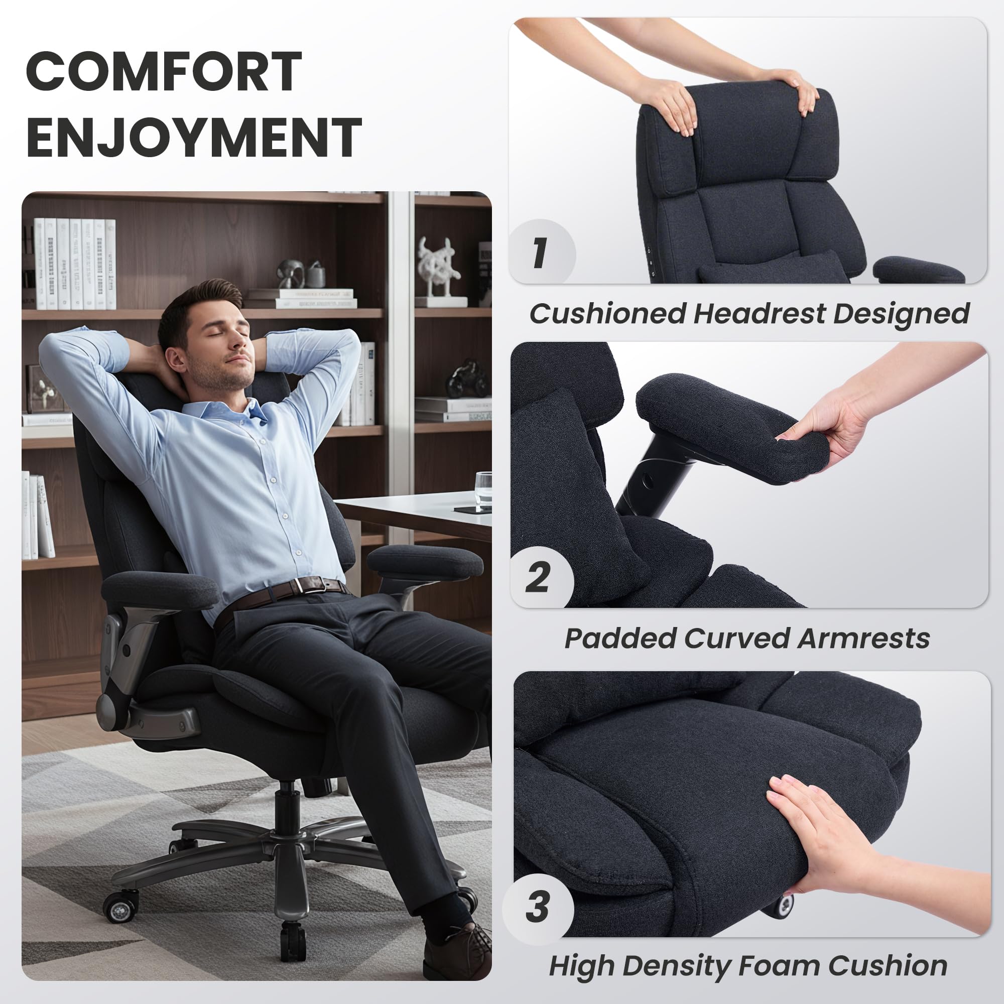 750lbs Heavy Duty Desk Chair with 3D Kneading Massage, Big and Tall Office Chairs with Ergonomic Support, 3D Armrests, 5 Quiet Dual Rubber Wheel, Thick Pocket Spring Cushion(Black, PU)