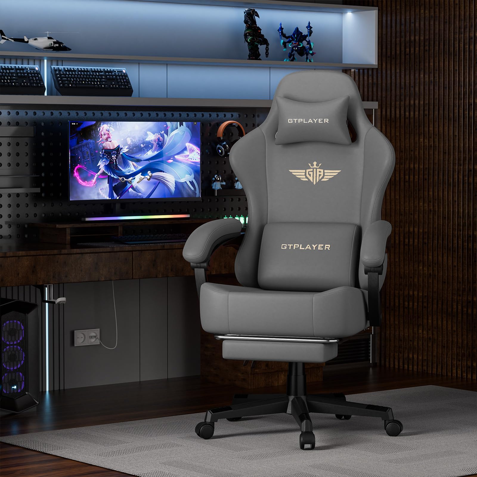 GTPLAYER Gaming Chair with Pocket Spring Cushion, Big and Tall Gamings Chairs 350LBS High Back Computer Chair with Footrest for Adults Lumbar Support Swivel Game Chair for Office,Leather Black-Massage