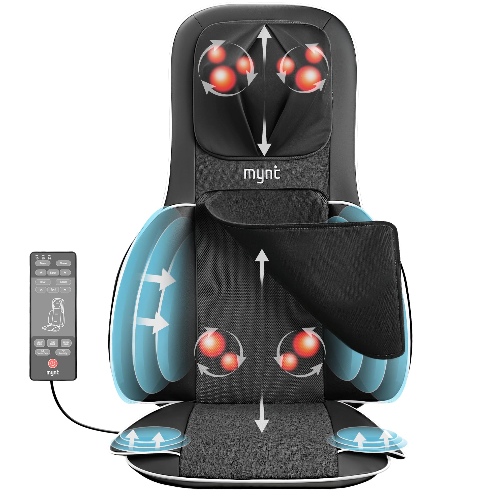 Mynt FSA Eligible HSA Approved Shiatsu Neck and Back Massager for Chair with 10 Deep Kneading Nodes, 2D & 3D Back Massage with Heat, Portable Spot Massage Chair Pad (Black)