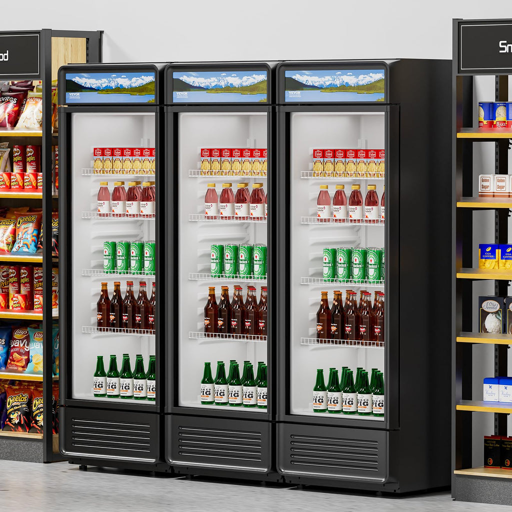 VEVOR Commercial Merchandiser Refrigerator, 6.9 Cu.Ft / 195L Glass Door Display Refrigerator, Upright Beverage Cooler Fridge with 4 Adjustable Shelves, Soft LED Light & Casters for Homes Shops Bars