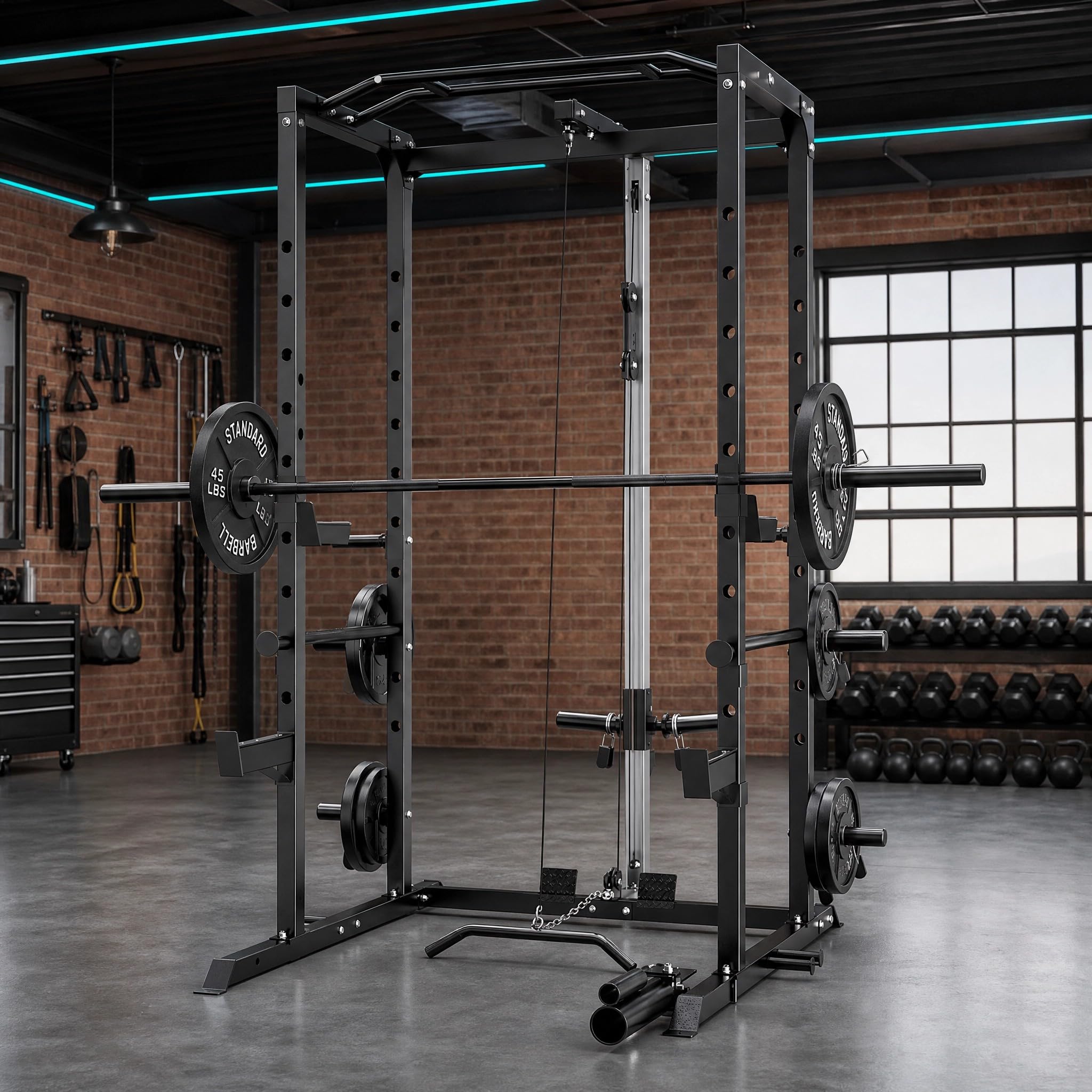 KOPUS Power Rack with Pulley System – Multi-Functional Power Cage Squat Rack, LAT Pull Down, J Hooks & Safety Bars – 1200 lbs Home Gym Equipment – 5 Configurations