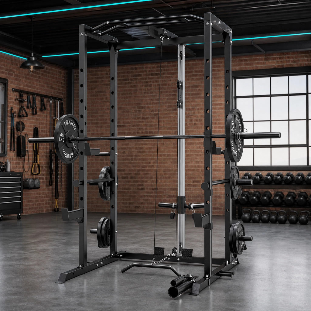 KOPUS Power Rack with Pulley System – Multi-Functional Power Cage Squat Rack, LAT Pull Down, J Hooks & Safety Bars – 1200 lbs Home Gym Equipment – 5 Configurations