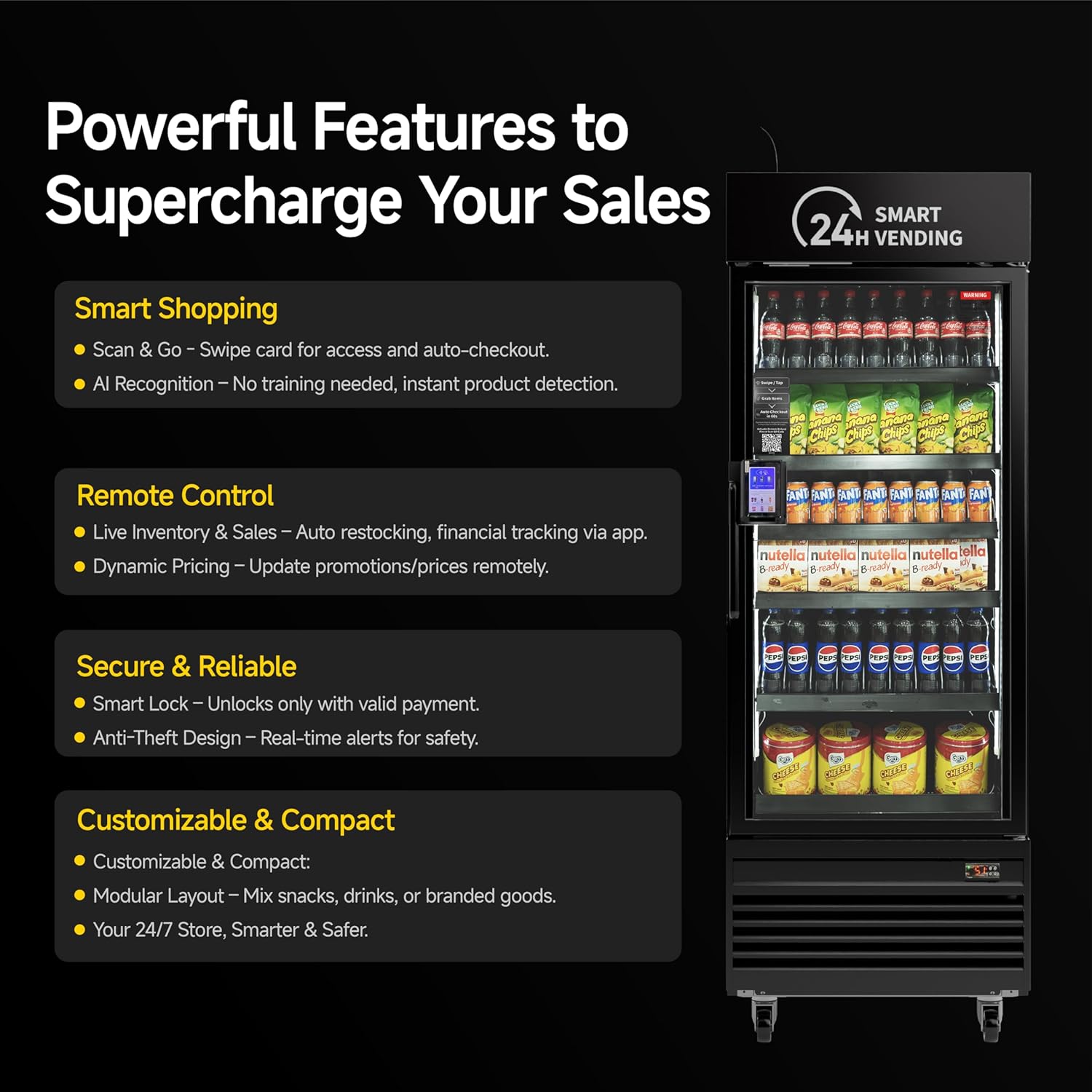 HAHA Smart Vending DC-542D Combo Vending Machine,Smart Refrigerated Beverage Vending Machine with Touch Card Reader - Capacity 378 Bottles (Black, 542D)