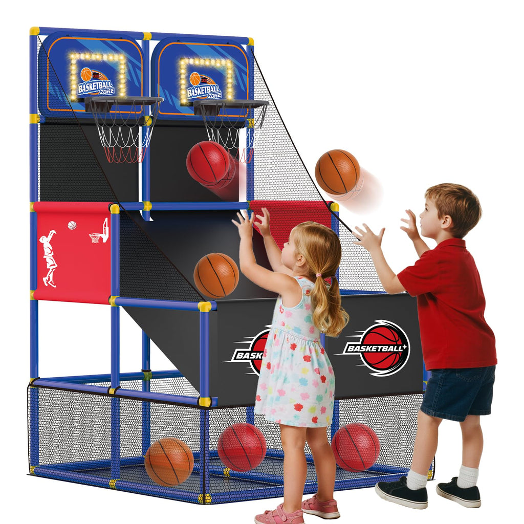 Upgrade Dual Basketball Arcade Game Kids Basketball Hoop with Electronic Scoreboard LED Light 6 Balls Indoor Outdoor Sports Toys Gifts for Boys Girls Ages 3-8 (Red)
