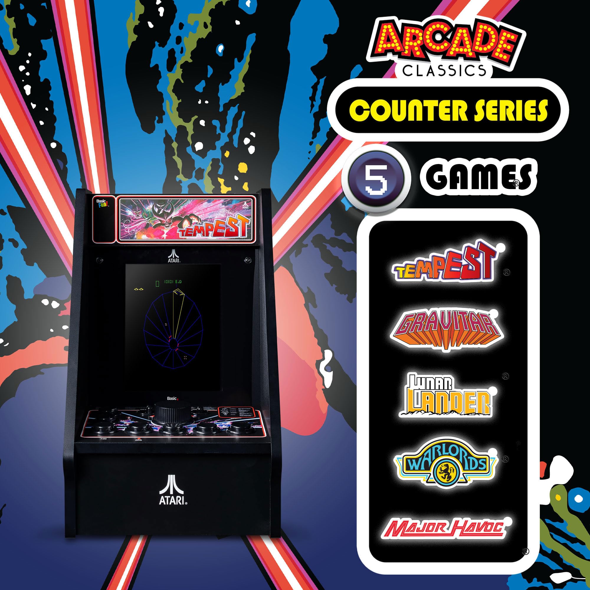 Arcade Classics - Atari Asteroids Counter Series Game Machine, 5 Games, 8" Liquid Crystal Screen - Mini Cabinet, Portable Gaming, Retro, Countertop Console, Basement Decoration, Man Cave