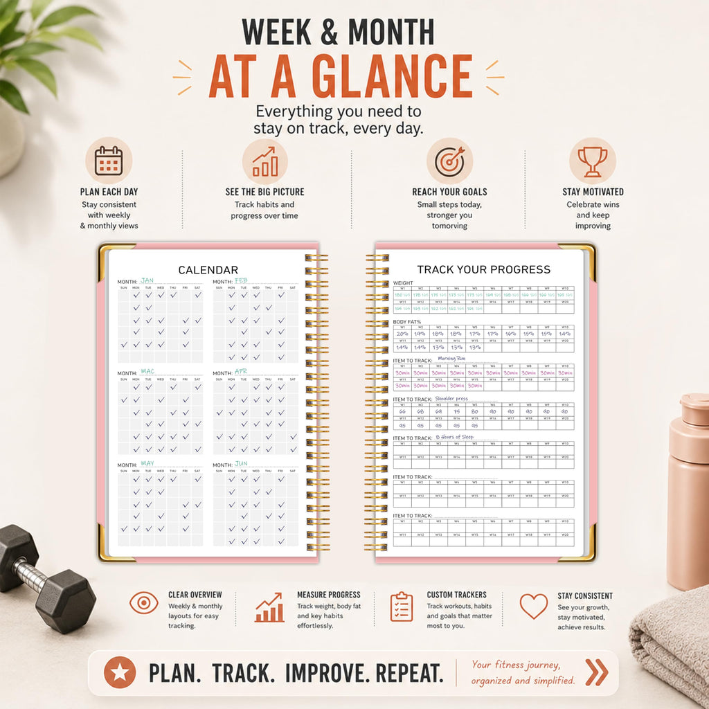Workout Journal Fitness Tracker Planner for Men & Women, Exercise Log Book to Track Gym & Home Training, Goals, Sets, Reps & Progress, 142 Pages, A5 5.7" x 8.2" Portable Hardcover with Metal Corners, Green