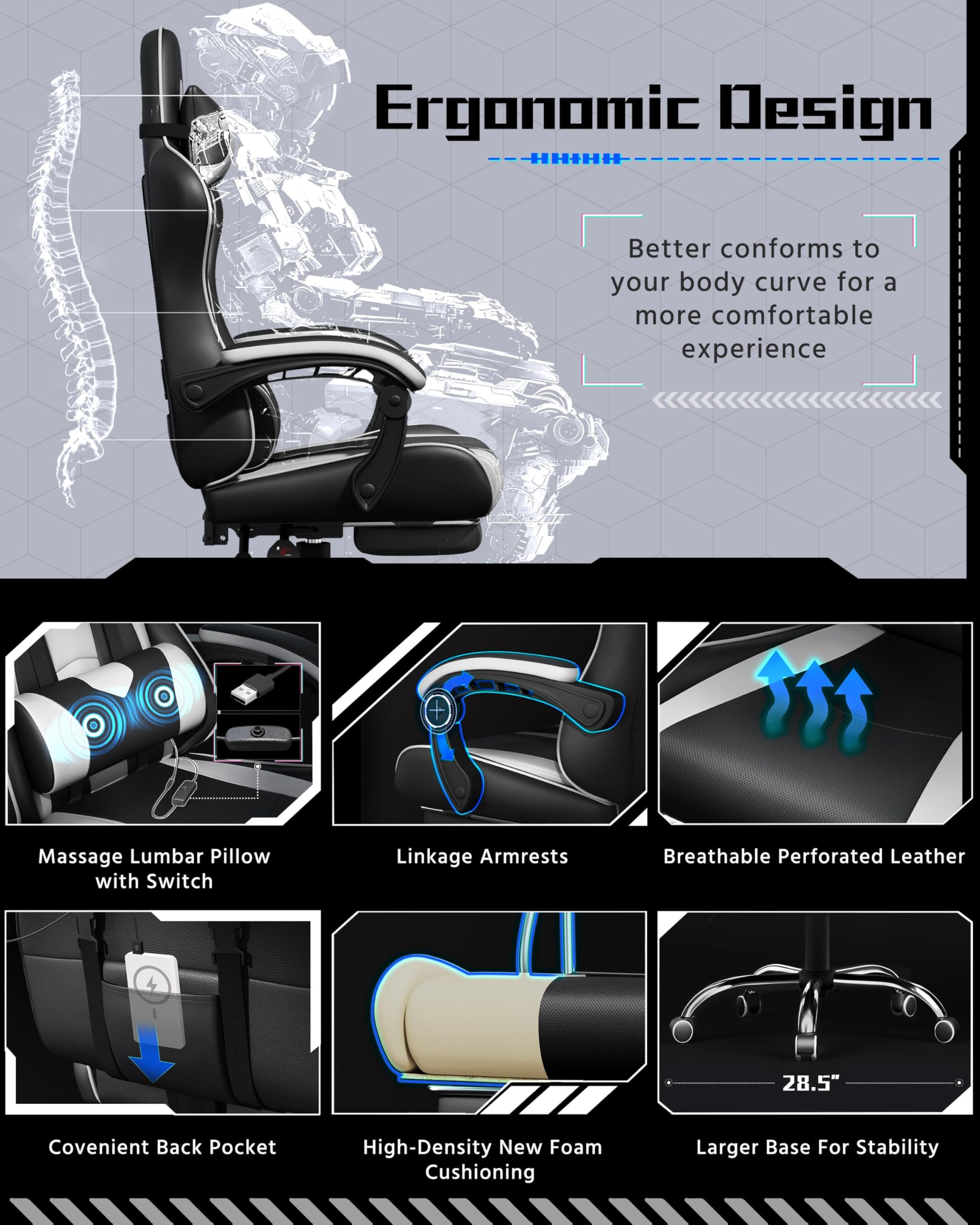 Yaheetech Gaming Chair with Electric Massage Lumbar Support, Footrest & Headrest — Ergonomic High Back Recliner for Home Office, Computer Desk Chair, Height Adjustable, 300 lbs, Black/White