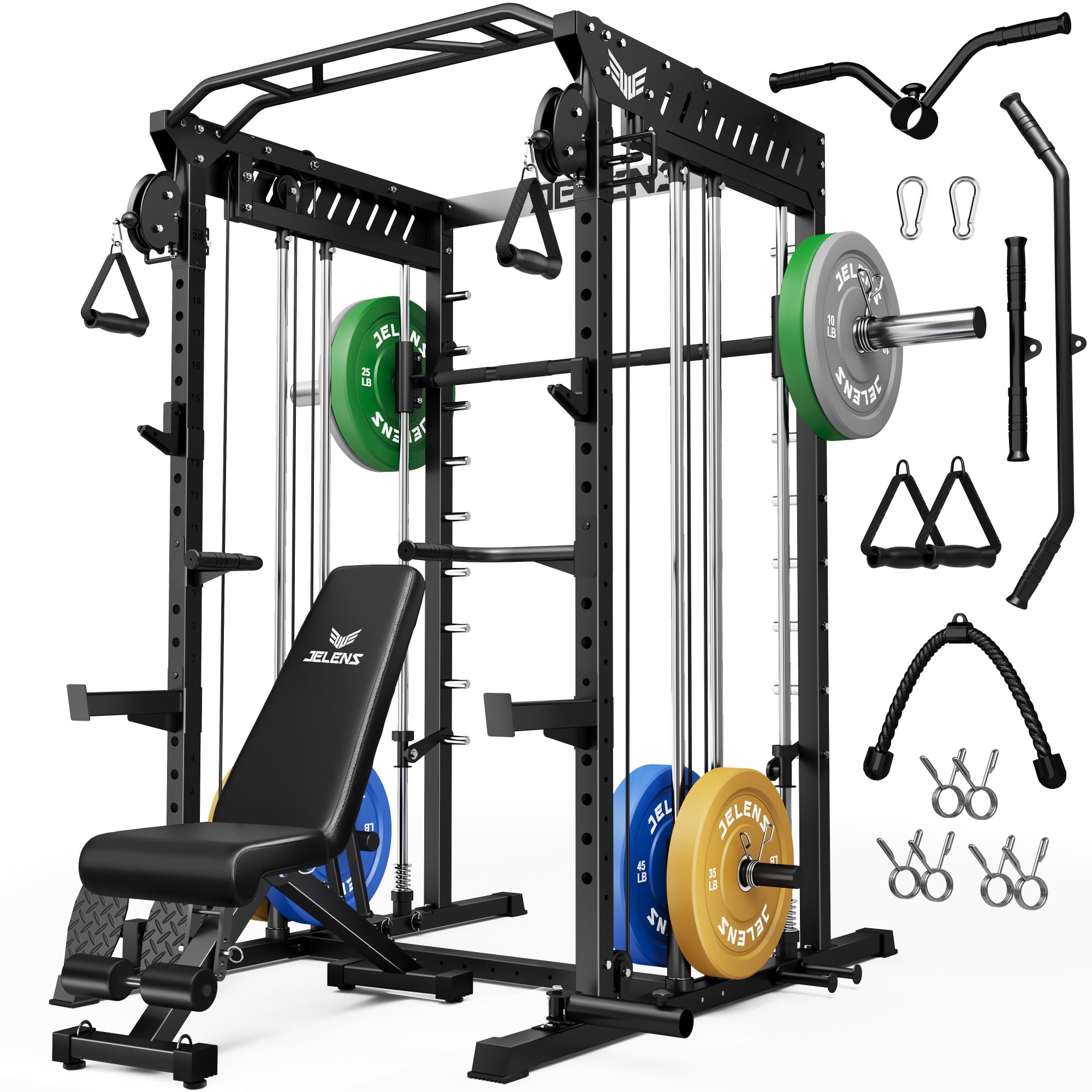 JELENS M21 Smith Machine, Multi-Function Power Cage with Dual Pulley Cable Crossover System, 2000LBS All-in-One Squat Rack with Smith Bar and Attachments for Home Gym