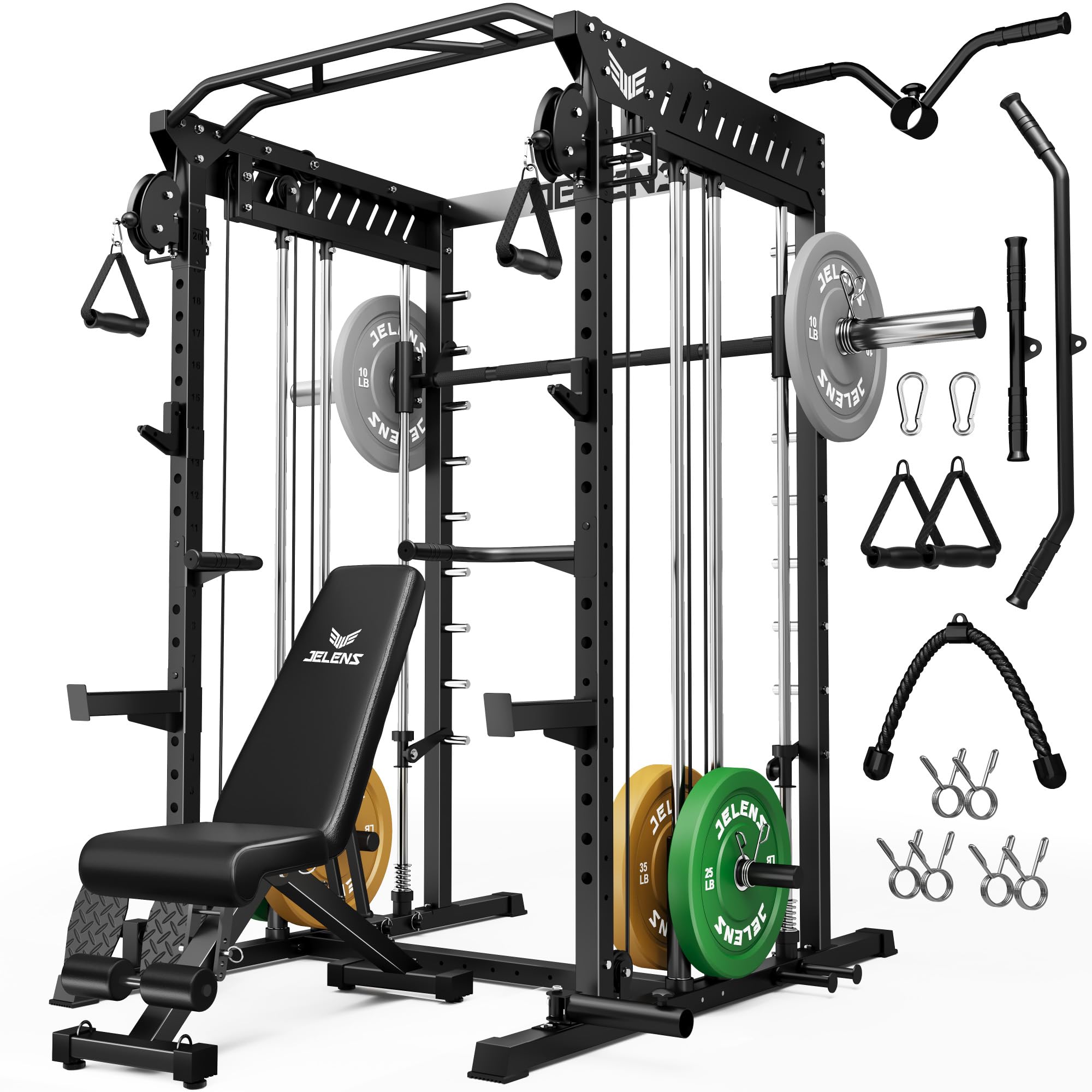 JELENS M21 Smith Machine, Multi-Function Power Cage with Dual Pulley Cable Crossover System, 2000LBS All-in-One Squat Rack with Smith Bar and Attachments for Home Gym
