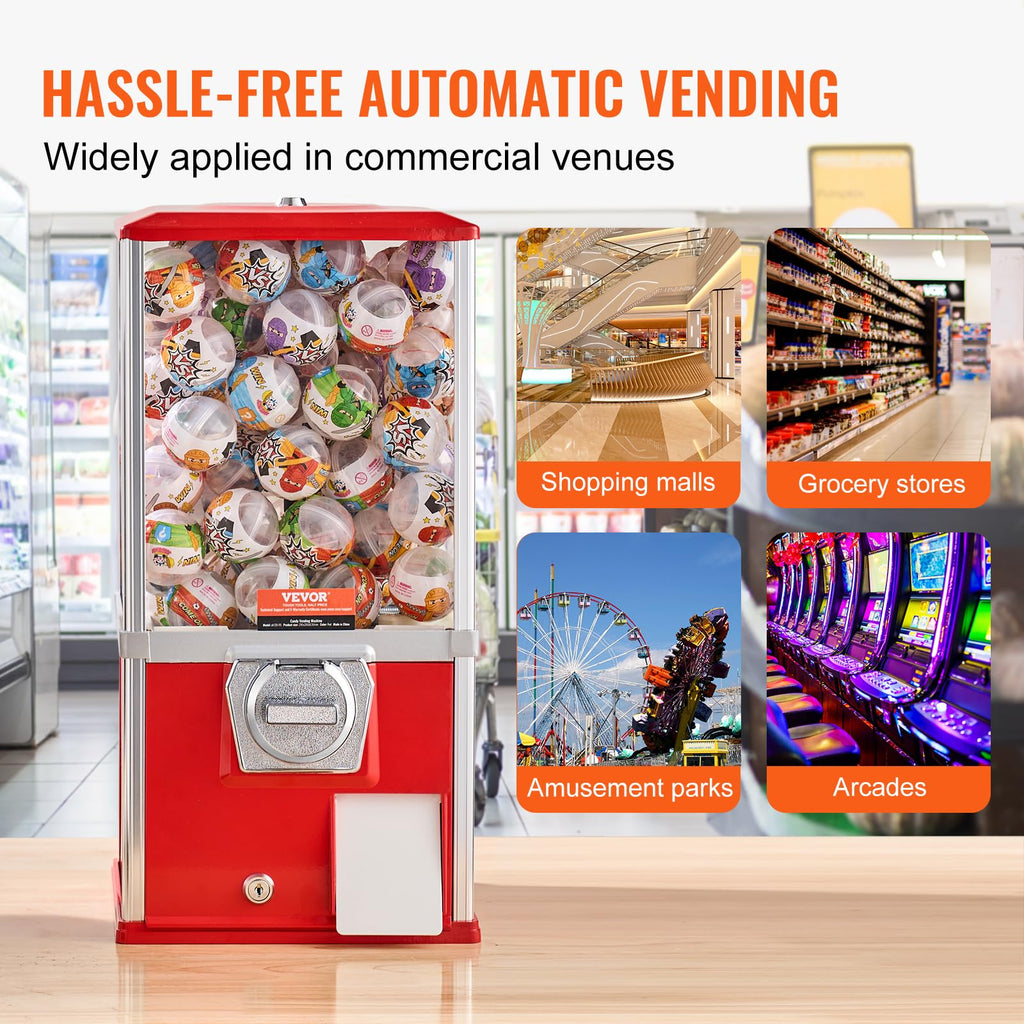 VEVOR Gumball Machine, 21" Height Home Vending Machine, PS Bouncy Balls Dispenser, Hold 180 Capsule Toys, Rectangle Bubble Gum Machine for Game Stores, Coin Operated Gumball Bank, Red