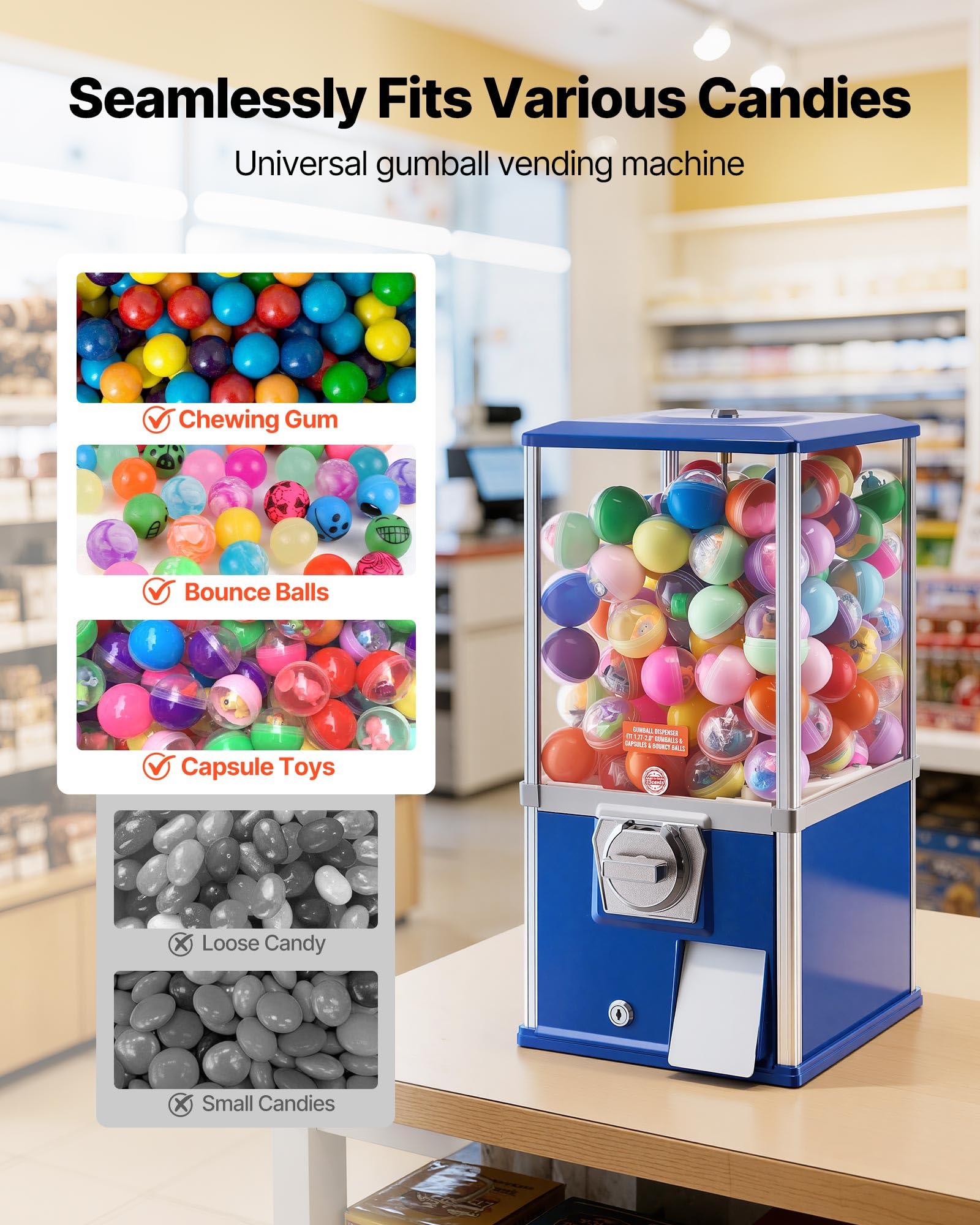 VEVOR Gumball Machine for Kids, 25" Height Home Vending Machine, PS Bouncy Balls Dispenser, Hold 230 Capsule Toys, Rectangle Bubble Gum Machine for Game Stores, Coin Operated Gumball Bank, Red