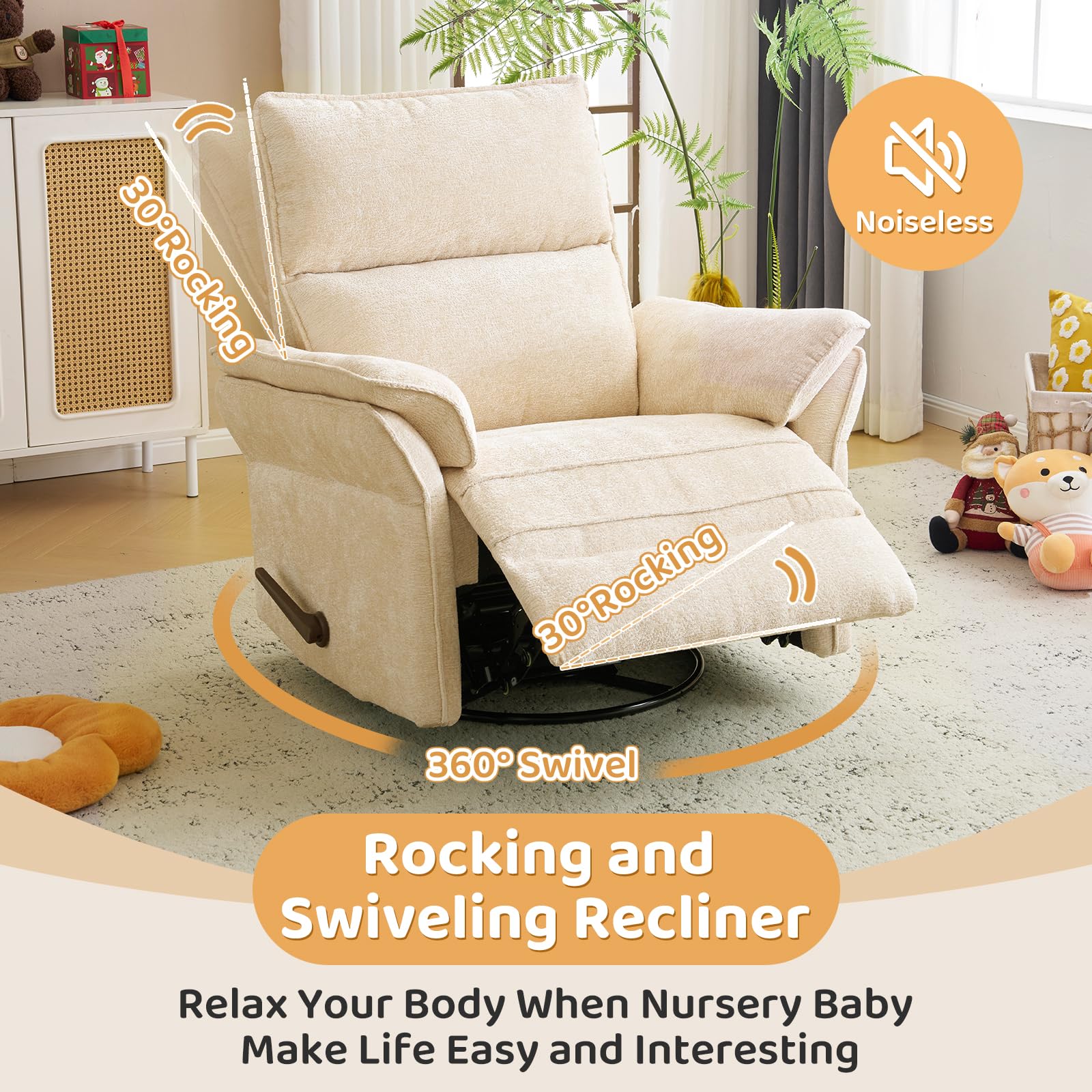 Oversized Rocking Chair Nursery with Massage and Heat, Glider Recliner Nursery Chair with Adjustable Headrest, Power Swivel Rocker Recliner Chair with USB Port, Dark Grey