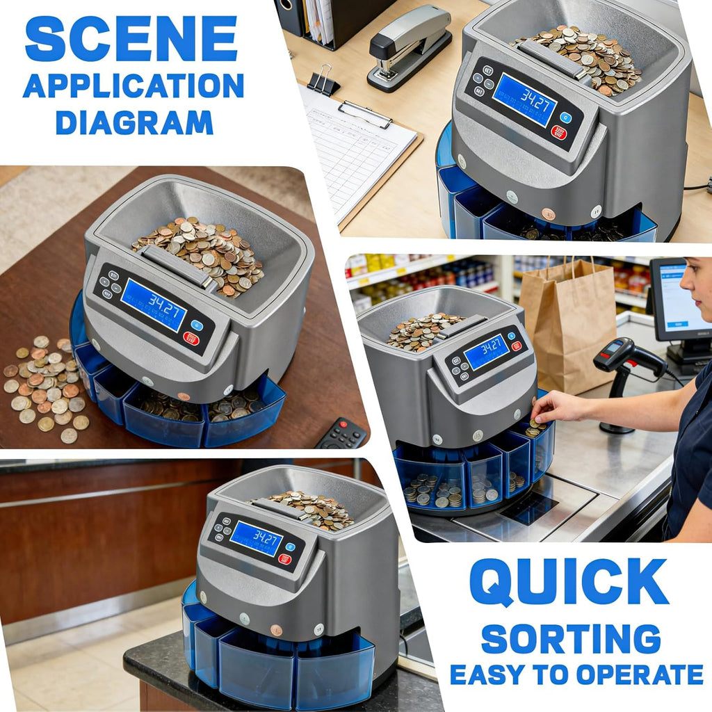 Coin Counter Machine, Coin Sorter Machine with LCD Display, 500 Coins Capacity Automatic Coin Sorter and Wrapper Machine, Change Counter for USD Coin 1￠ 5￠ 10￠ 25￠ $1, Sorts up to 270 Coins/min