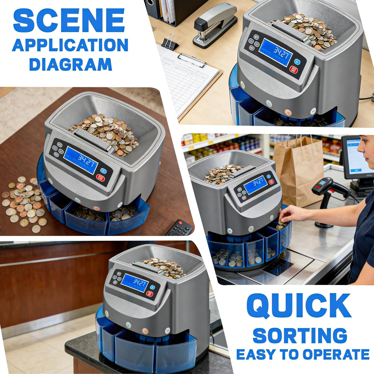 Coin Counter Machine, Coin Sorter Machine with LCD Display, 500 Coins Capacity Automatic Coin Sorter and Wrapper Machine, Change Counter for USD Coin 1￠ 5￠ 10￠ 25￠ $1, Sorts up to 270 Coins/min