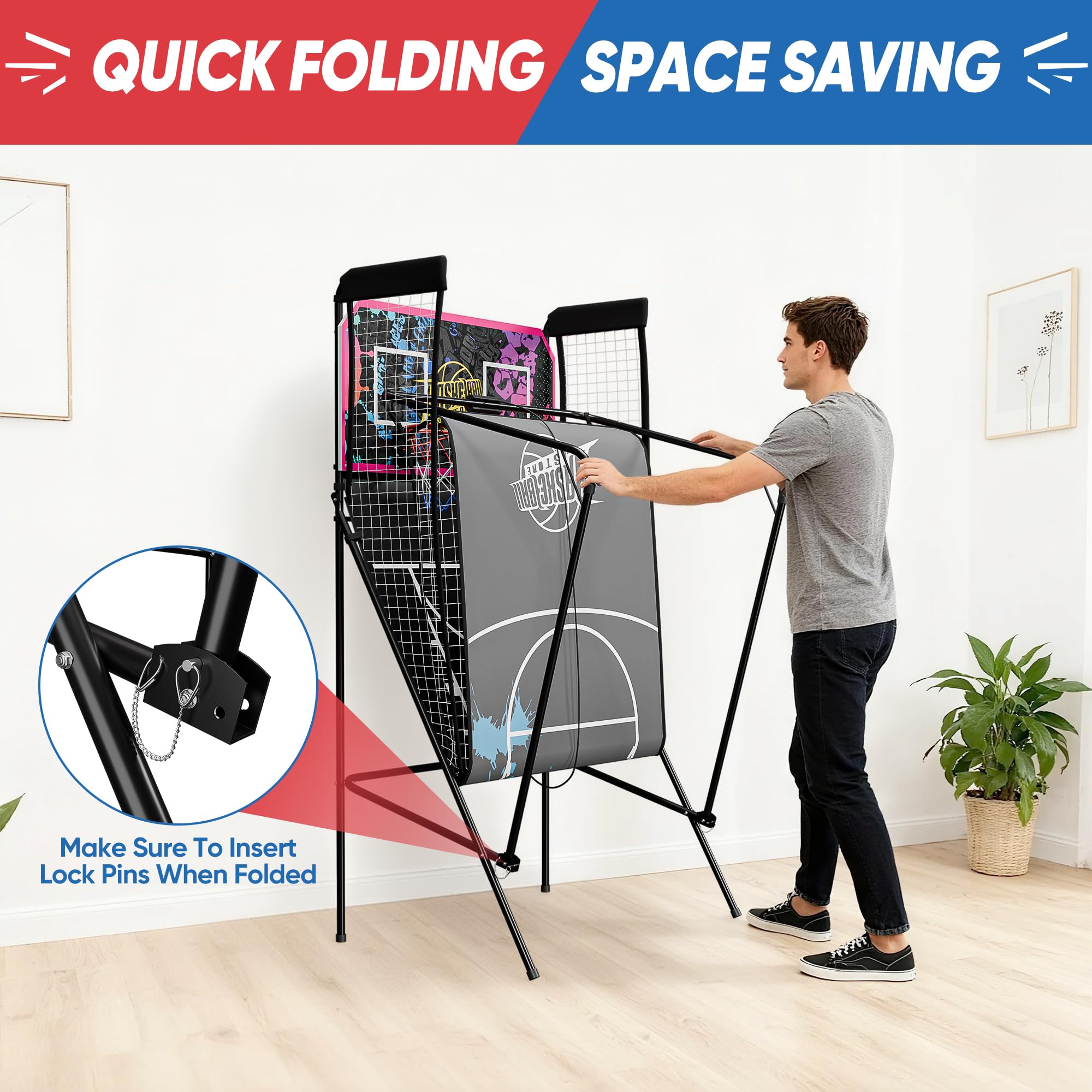 JupiterForce Foldable Indoor Basketball Arcade Game, Electronic Dual Shot Basketball Hoop Arcade Game Machine with 4 Balls and LED Scoring for 2 Players Home Play, Adults