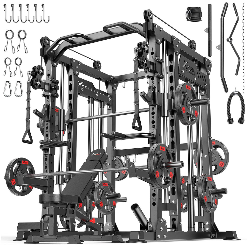 Smith Machine with Cable Crossover System, Multi-Function Power Cage Squat Rack for Home Gym, Power Rack and Packages Weight Sets.