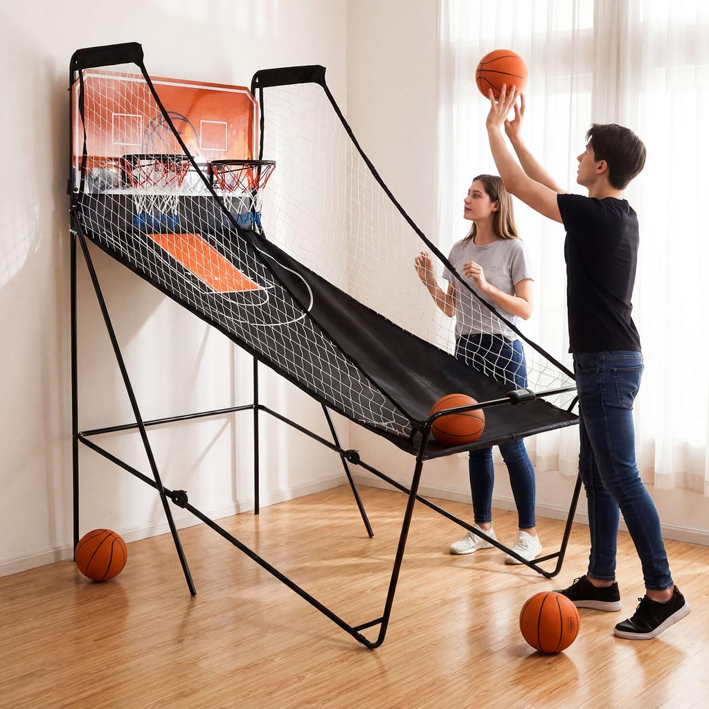 GYMAX Arcade Basketball Game Indoor Foldable with 8 Game Modes, Arcade Sound, 4 Balls and Inflation Pump, Electronic Basketball Games for Home