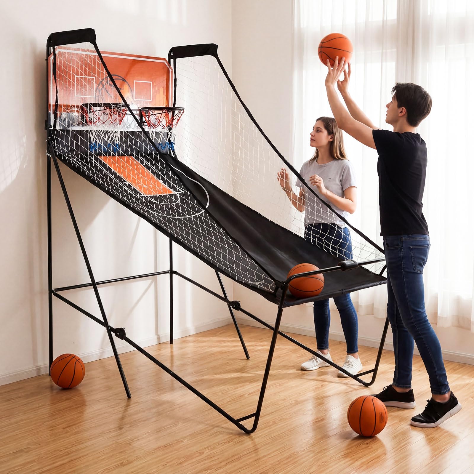 GYMAX Arcade Basketball Game Indoor Foldable with 8 Game Modes, Arcade Sound, 4 Balls and Inflation Pump, Electronic Basketball Games for Home