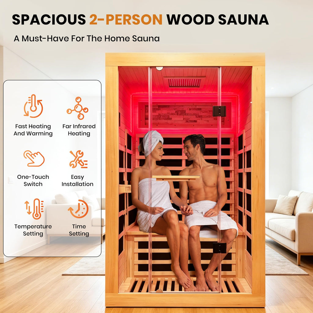 2 Person Infrared Sauna Far Infrared Sauna Room for Home Indoor 2000W Low-EMF Wood Dry Sauna with Full Starry Sky Lights Ceiling in 7 Color Speaker Fast Heating Easy Assembly- 47.3*41.3*74.8 IN