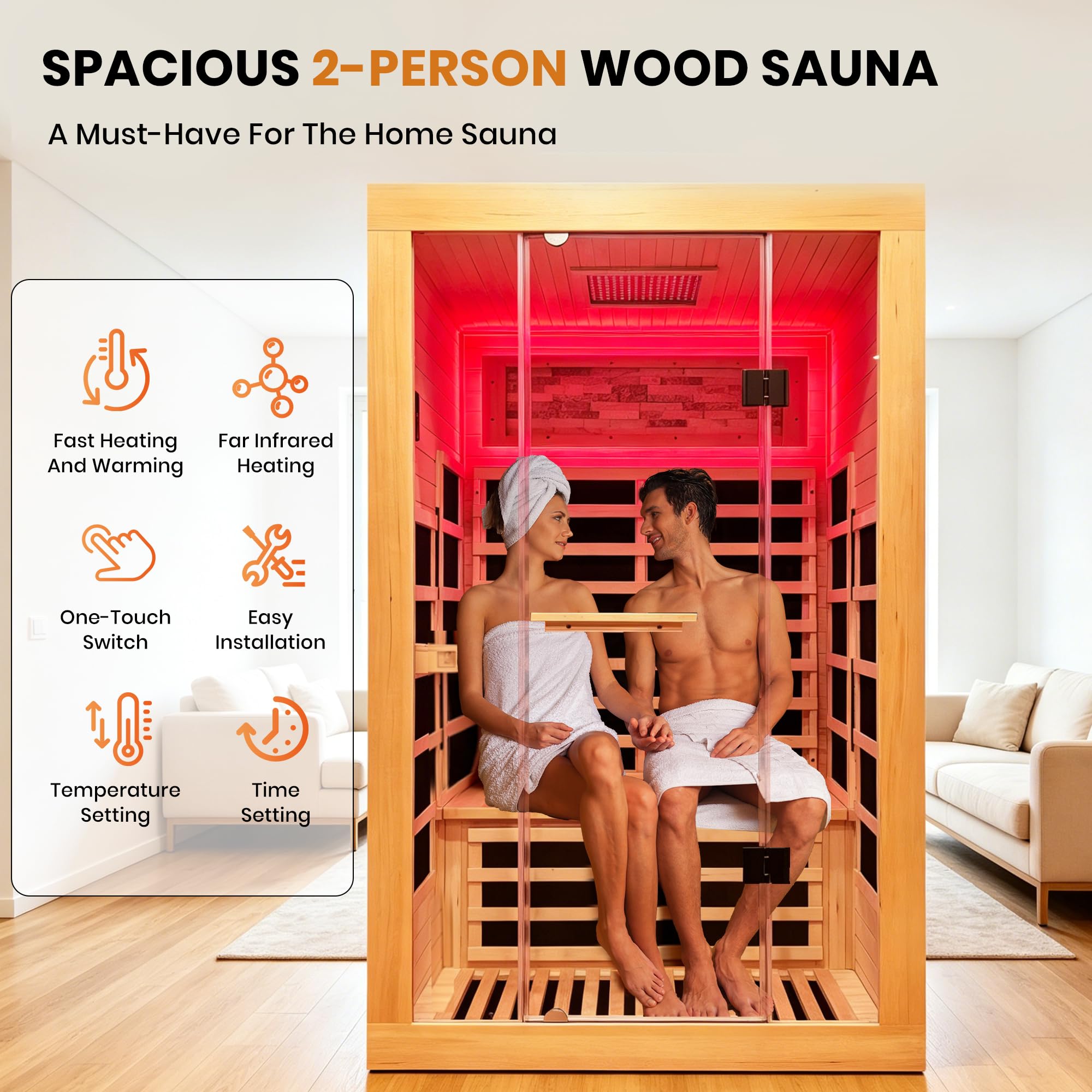 2 Person Infrared Sauna Far Infrared Sauna Room for Home Indoor 2000W Low-EMF Wood Dry Sauna with Full Starry Sky Lights Ceiling in 7 Color Speaker Fast Heating Easy Assembly- 47.3*41.3*74.8 IN