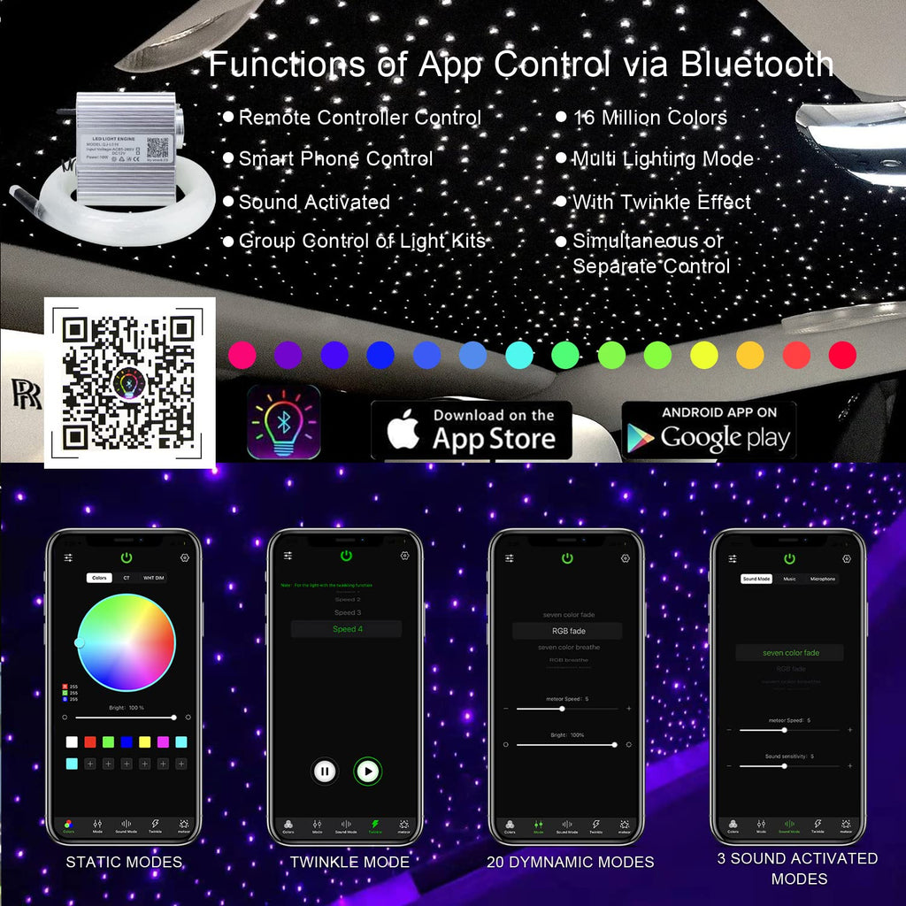 AKEPO Shooting Star+Twinkle Fiber Optic Lights Kit, Car Home Use Meteor APP Control Music Activated Star Ceiling Sky Light, RGBW Light Engine+Mixed Diameter Fibers 460pcs of 9.8ft/3m+Remote