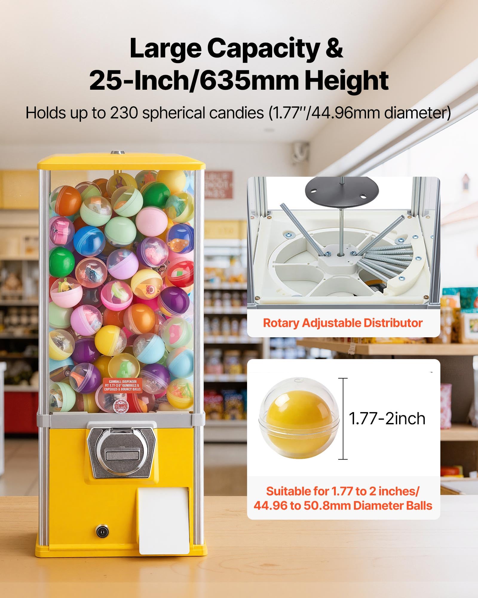 VEVOR Gumball Machine for Kids, 25" Height Home Vending Machine, PS Bouncy Balls Dispenser, Hold 230 Capsule Toys, Rectangle Bubble Gum Machine for Game Stores, Coin Operated Gumball Bank, Red