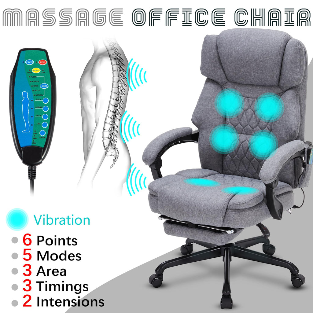 Massage Office Chair with Foot Rest 6 Points Vibration and Heat Home Office Desk Chairs for Heavy People 400lbs Reclining Managerial Chairs Ergonomic Executive Chair (Black)