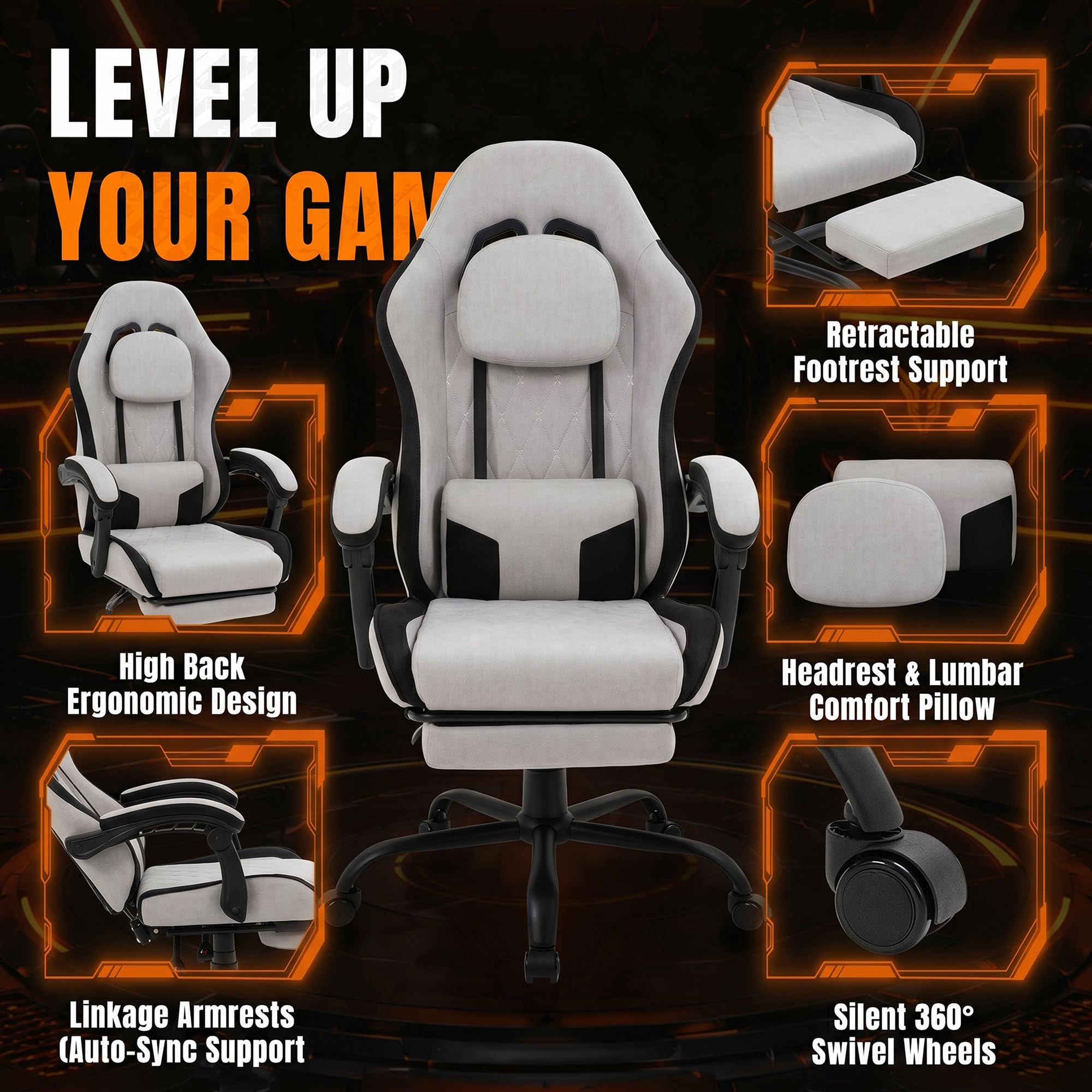 Shintenchi Big and Tall Gaming Chair Fabric Pocket Spring Cushion,High Back Recliner with Footrest and Headrest for Adults, Massage Lumbar Support for Home Office, Ergonomic Computer Desk Chair, Blue