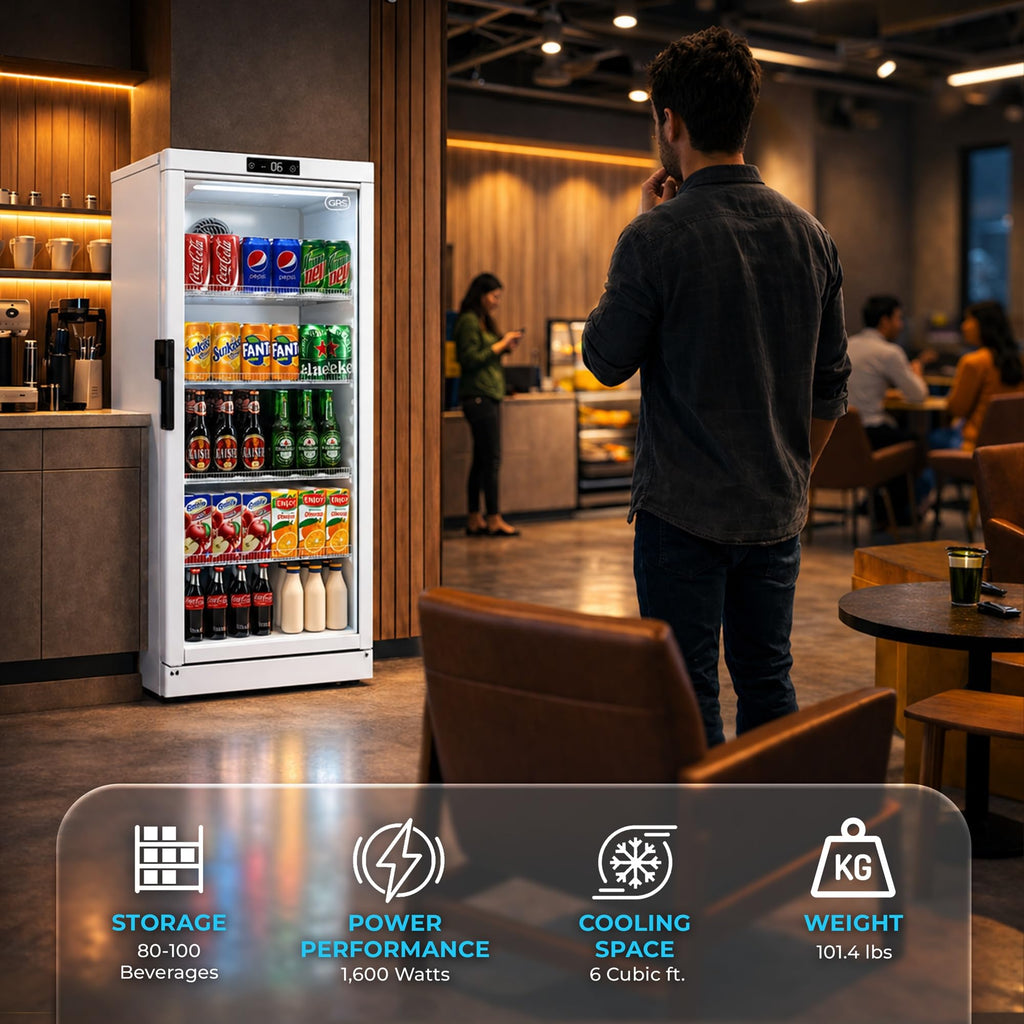 GRS Commercial Display Refrigerator with Glass Door Lock | Cool Air Flow & Temperature | Beverage fridge, Drink and Wine Cooler with Adjustable Display Shelf for Stores and Bars | Black, 7.1 Cu. Ft