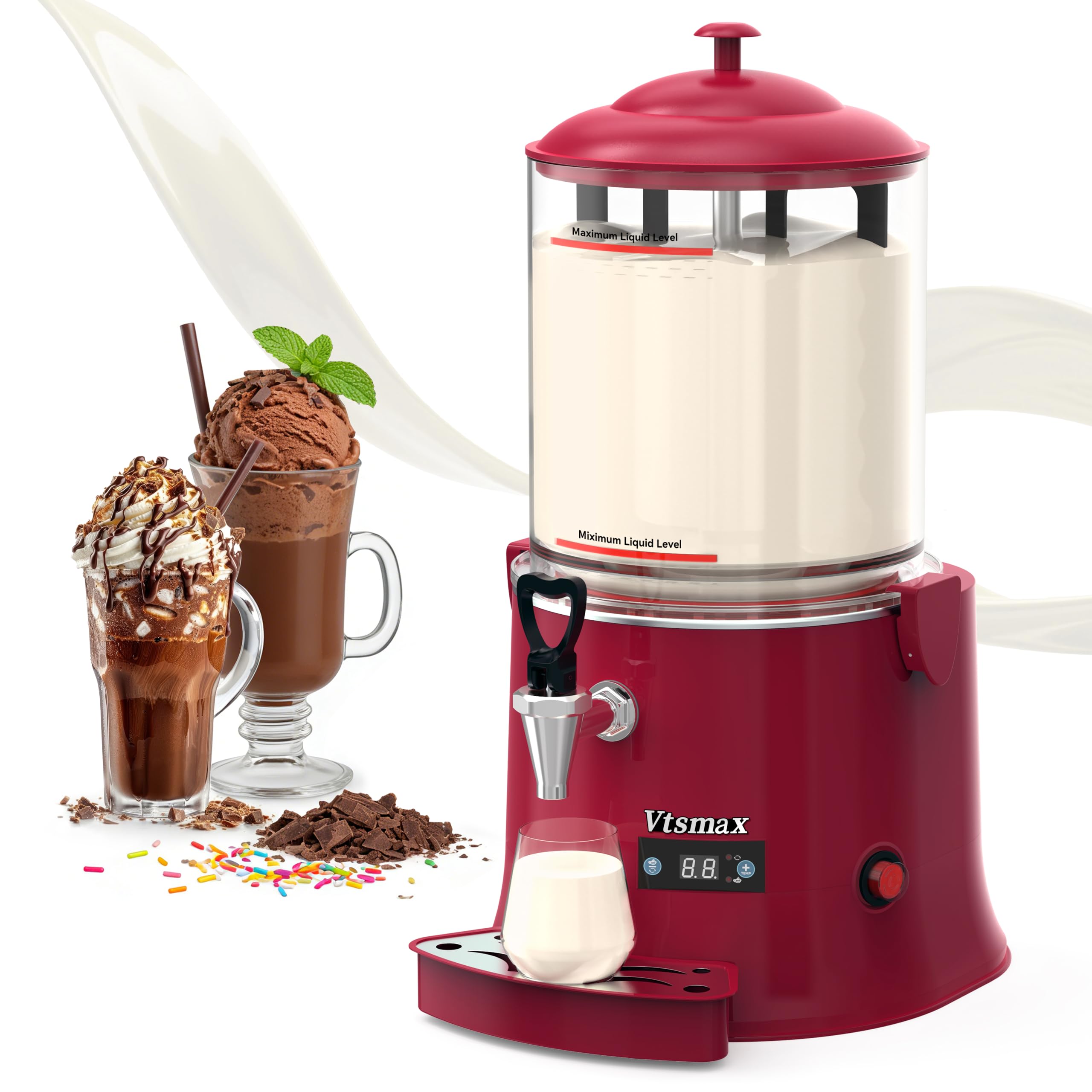 10L/2.6Gal Hot Chocolate Machine, Commercial Hot Drink Dispenser, 86–194°F Temperature Control Beverage Warmer with Stainless Steel Spout, Removable PC Bowl for Cocoa, Milk, Coffee, Red