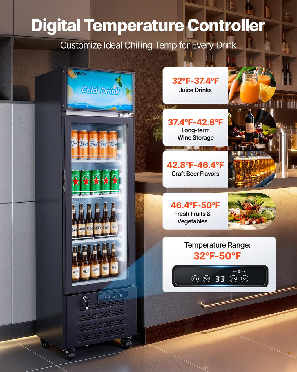 VEVOR Commercial Merchandiser Refrigerator, 6.9 Cu.Ft / 195L Glass Door Display Refrigerator, Upright Beverage Cooler Fridge with 4 Adjustable Shelves, Soft LED Light & Casters for Homes Shops Bars