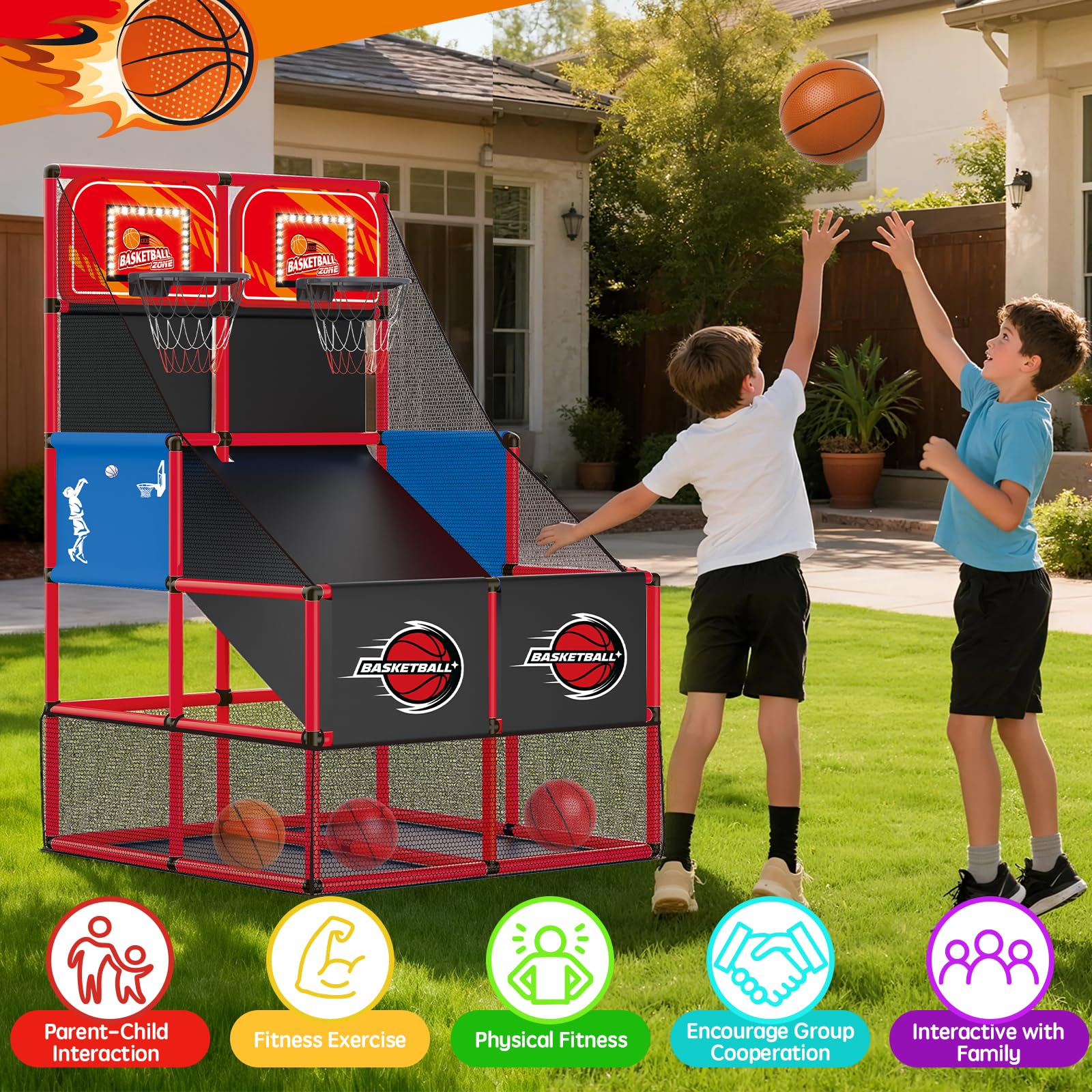 Upgrade Dual Basketball Arcade Game Kids Basketball Hoop with Electronic Scoreboard LED Light 6 Balls Indoor Outdoor Sports Toys Gifts for Boys Girls Ages 3-8 (Red)