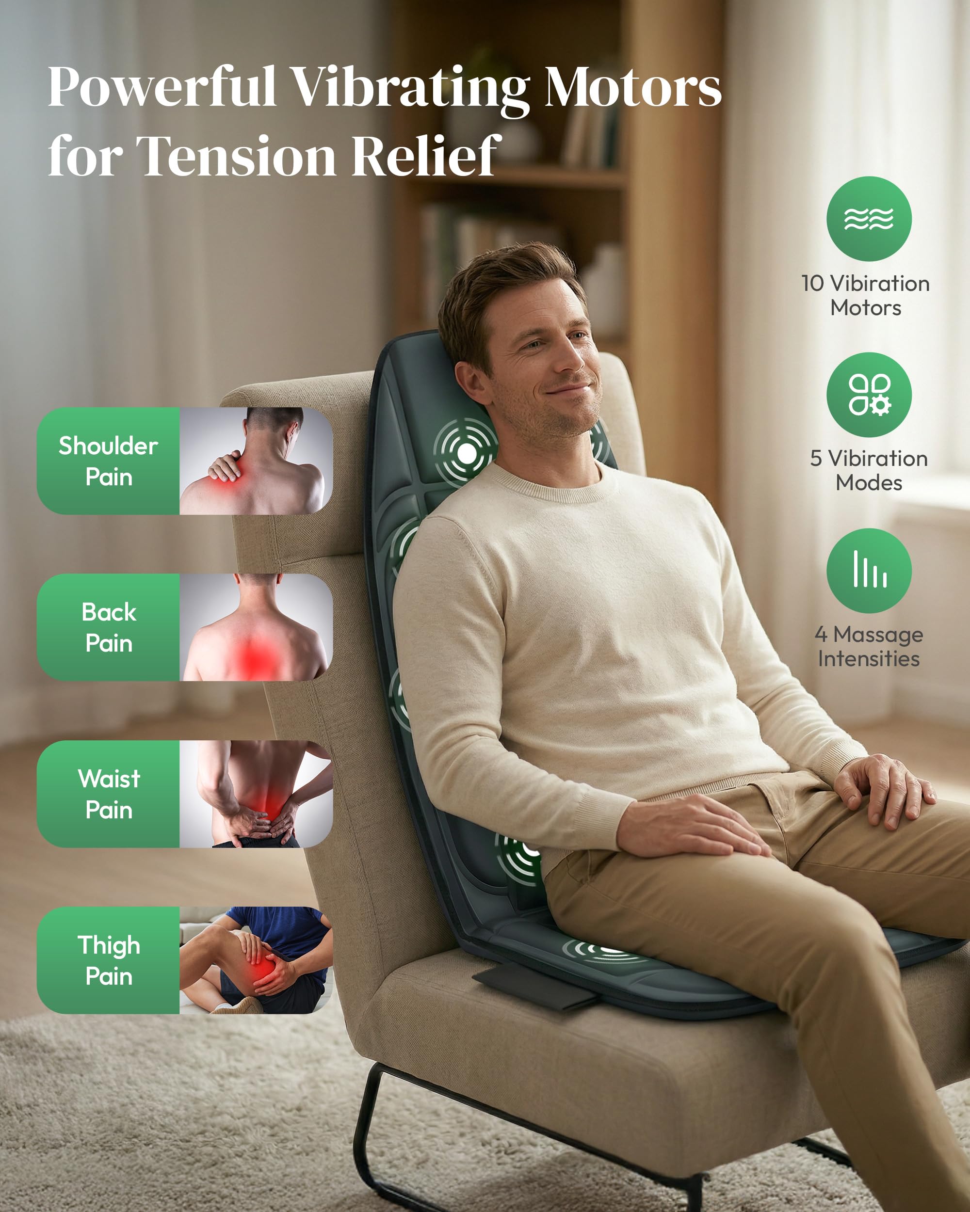 Heycool Fathers Day Dad Gifts, Back Massager with Heat, Targeted Vibration Massage Pad for Muscle Tension Relief, 10 Motors & 2 Heating Levels, Back Massage Chair Pad for Office Chairs