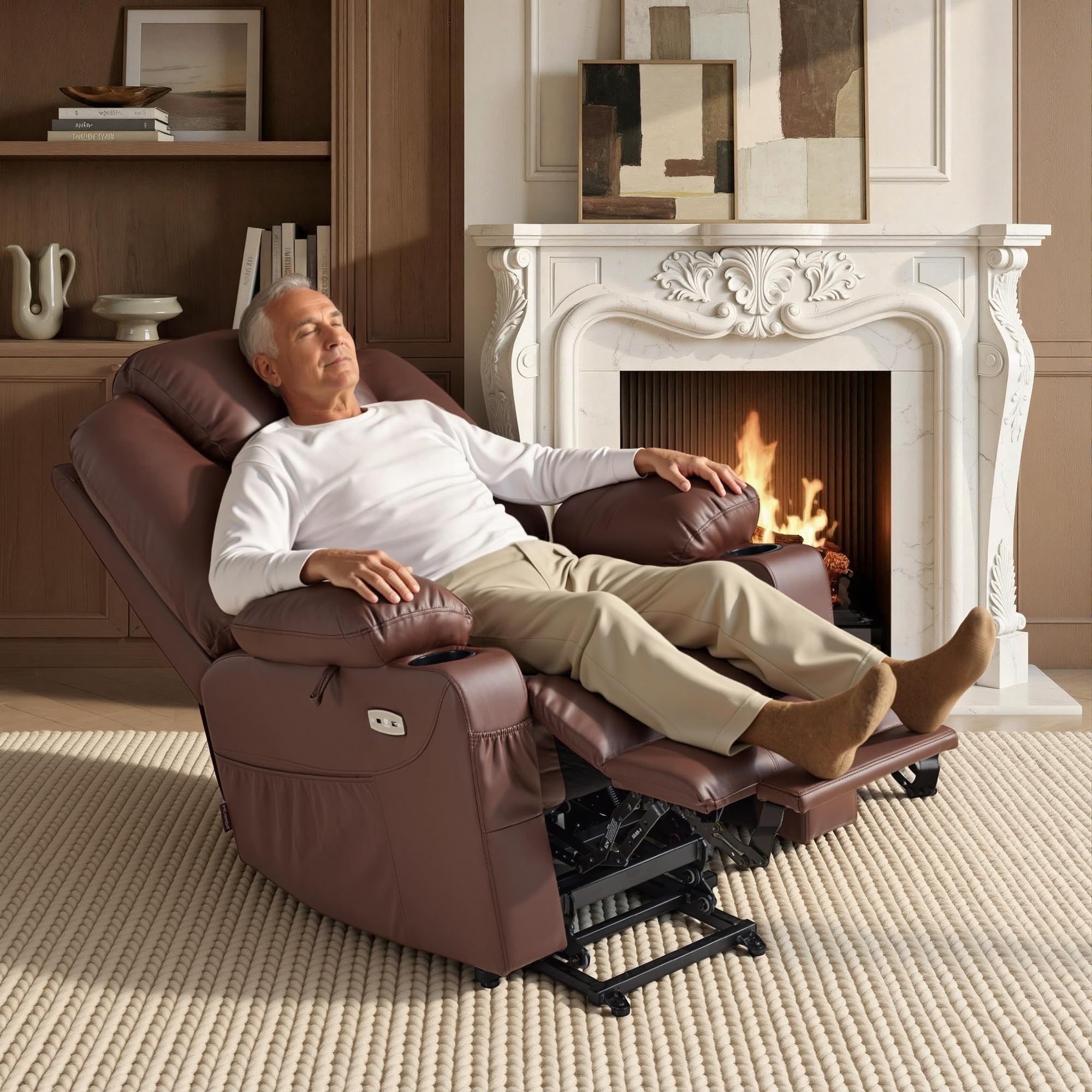MCombo Electric Power Lift Recliner Chair Sofa with Massage and Heat for Elderly, 3 Positions, 2 Side Pockets, and Cup Holders, USB Ports, Faux Leather 7040 (Grey, Medium)