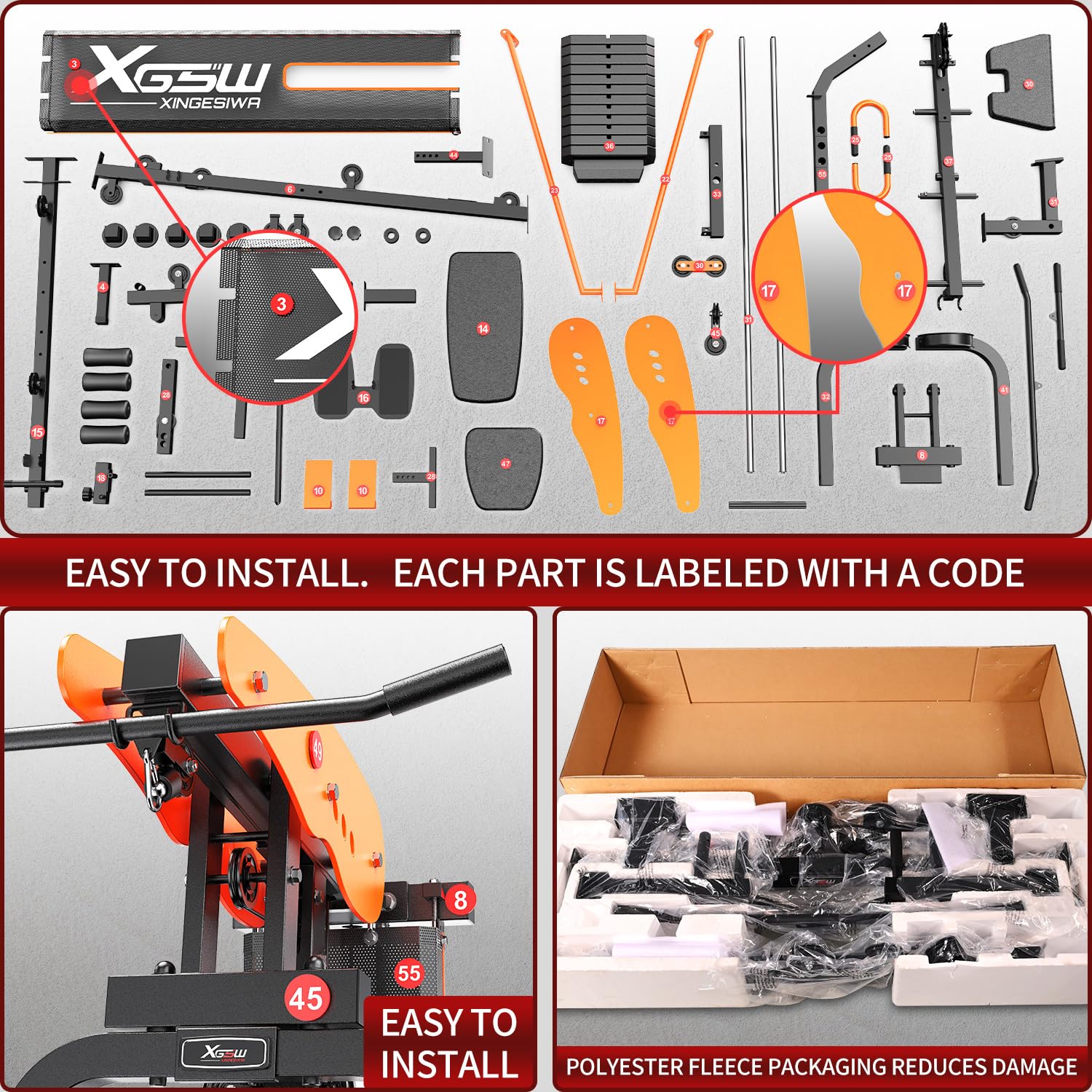 XGSW Multi-Function Home Gym Workout Station, Featuring a Pulley System, arm Trainer, and Leg Trainer for Full-Body Workouts.