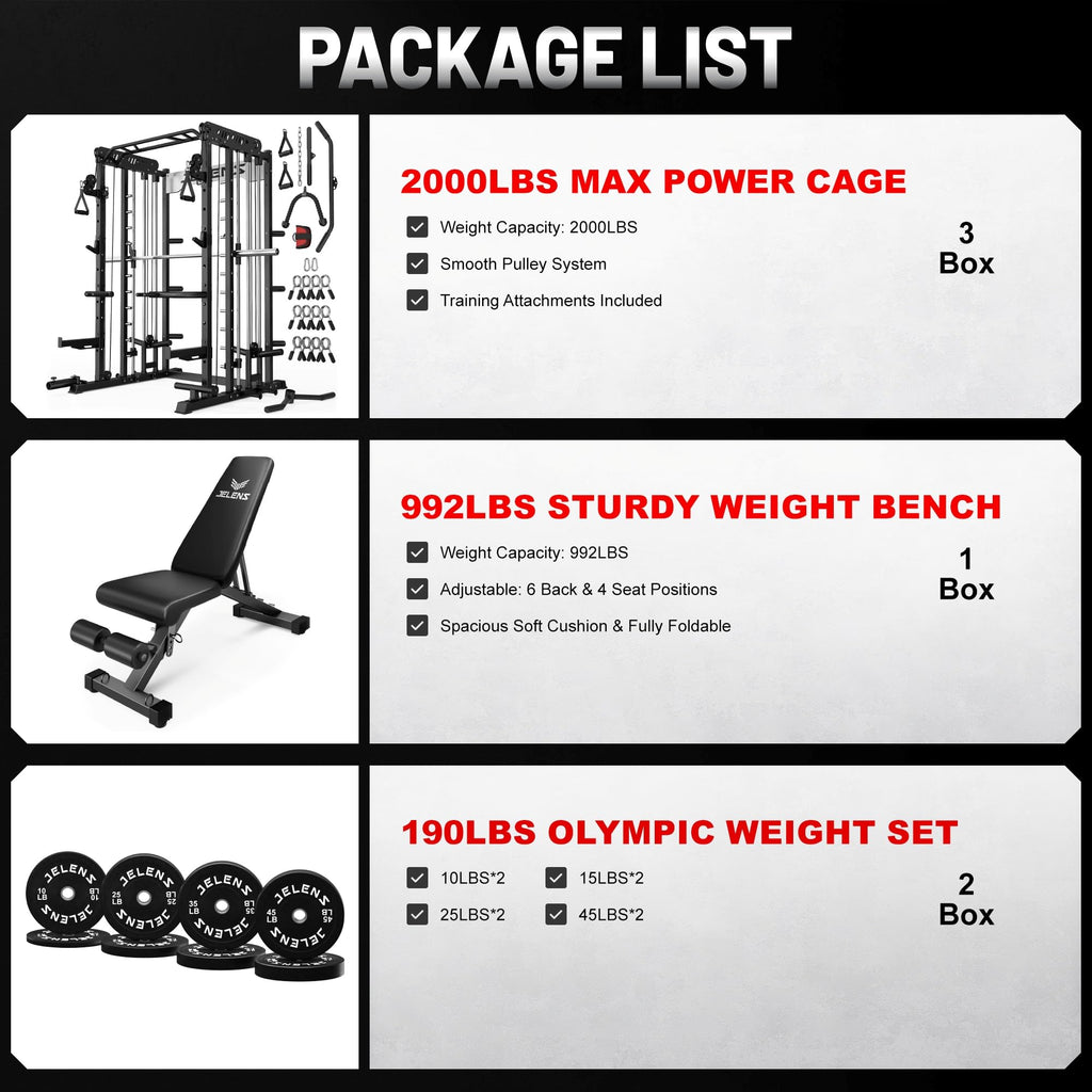 JELENS Smith Machine for Home Gym, Multi-Function M12 Power Cage with Cable Crossover System, Squat Rack with Smith Bar and More Attachment