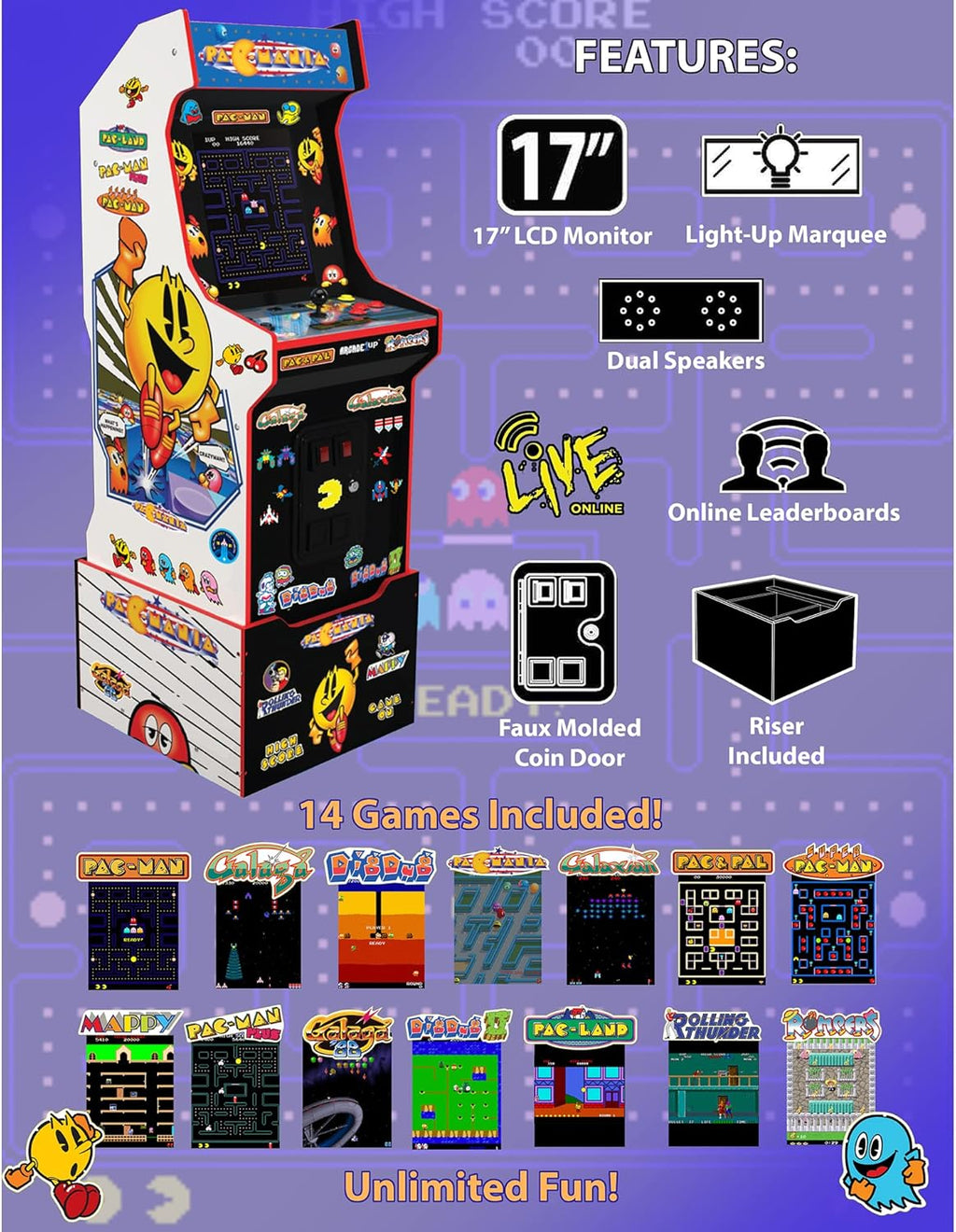 Arcade1Up PAC-Man Customizable Arcade Game Featuring PAC-Mania - Includes 14 Games & 100 Bonus Stickers