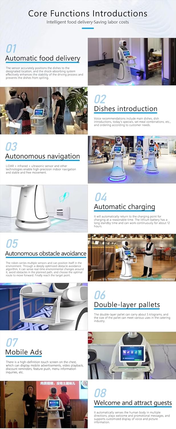 AI Restaurant Robot Server with Autonomous Food Runner Robot, Smart Voice Interaction, Multi Purpose Delivery Tray System for Restaurant Cafe Hotel Dining Operations