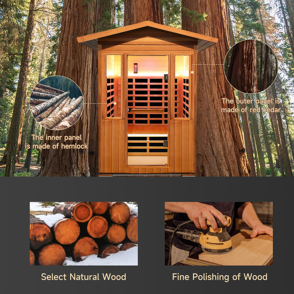 2 Person Infrared Sauna Far Infrared Sauna Room for Home Indoor 2000W Low-EMF Wood Dry Sauna with Full Starry Sky Lights Ceiling in 7 Color Speaker Fast Heating Easy Assembly- 47.3*41.3*74.8 IN