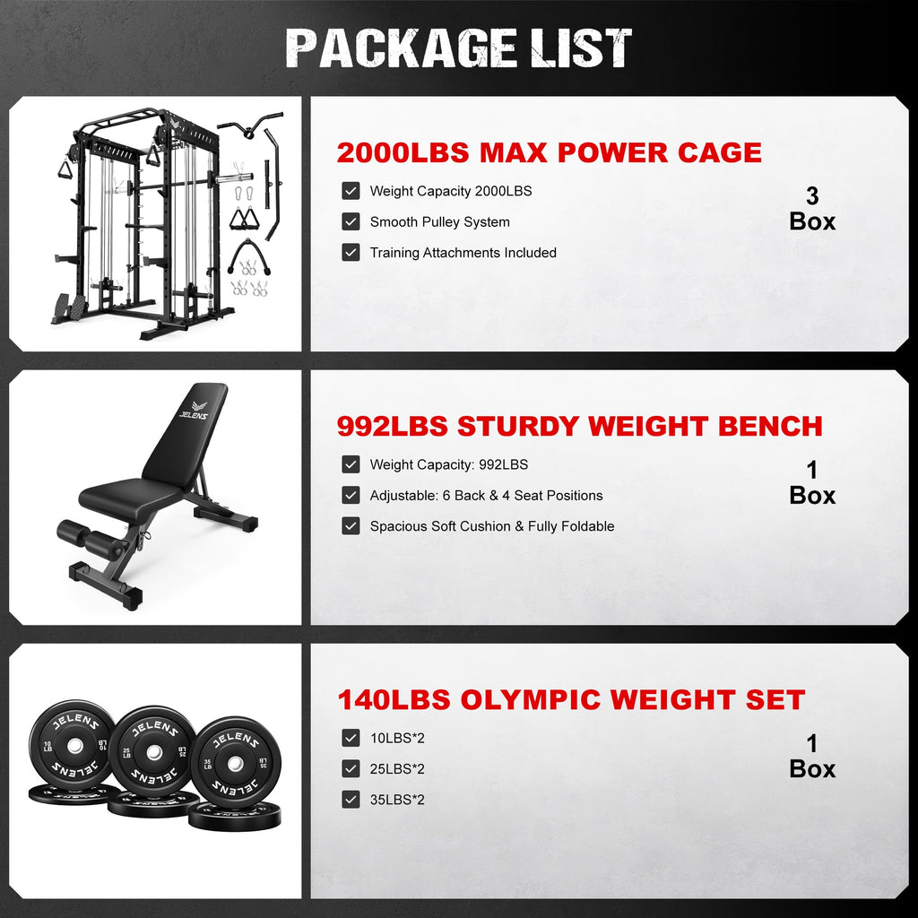 JELENS M21 Smith Machine, Multi-Function Power Cage with Dual Pulley Cable Crossover System, 2000LBS All-in-One Squat Rack with Smith Bar and Attachments for Home Gym