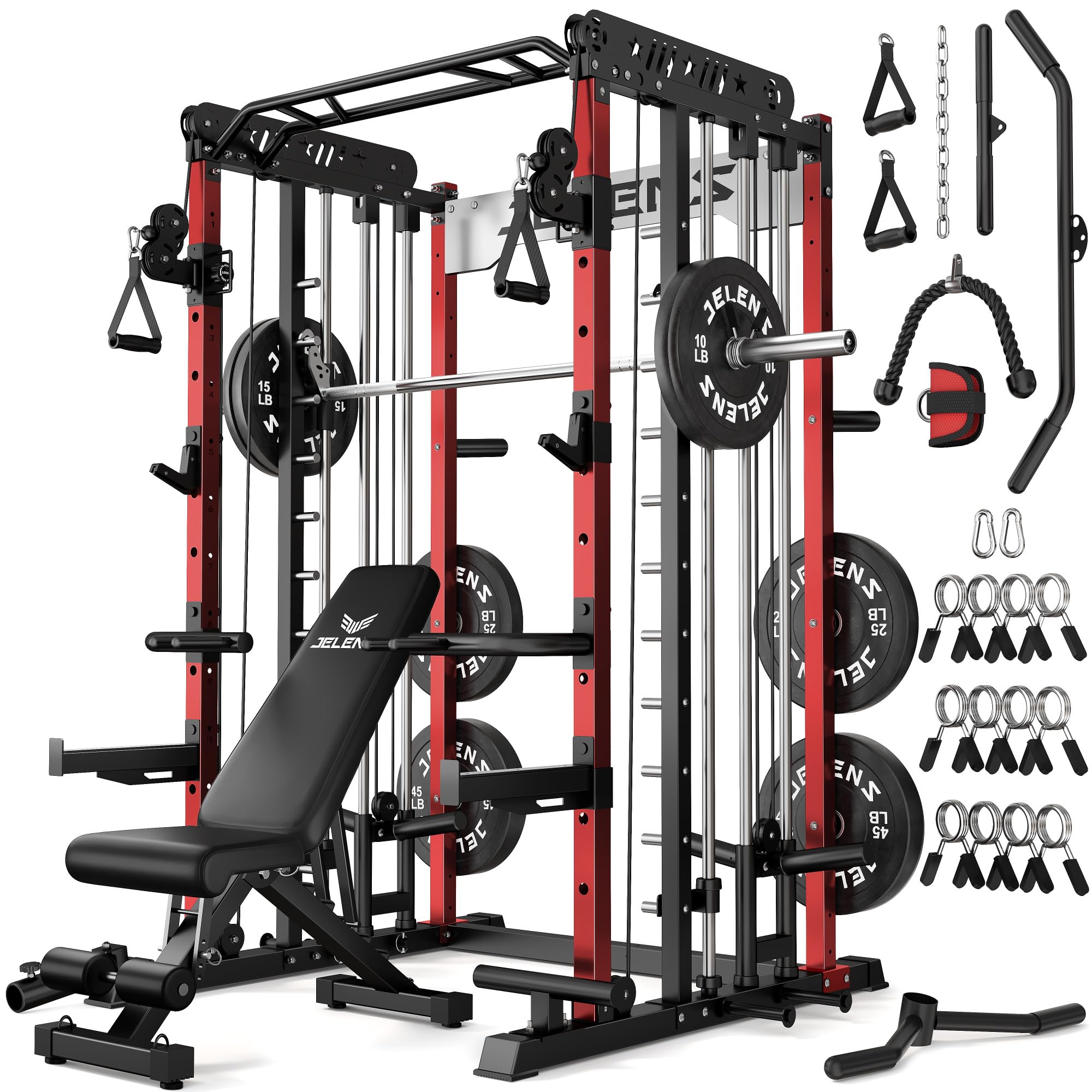 JELENS Smith Machine for Home Gym, Multi-Function M12 Power Cage with Cable Crossover System, Squat Rack with Smith Bar and More Attachment