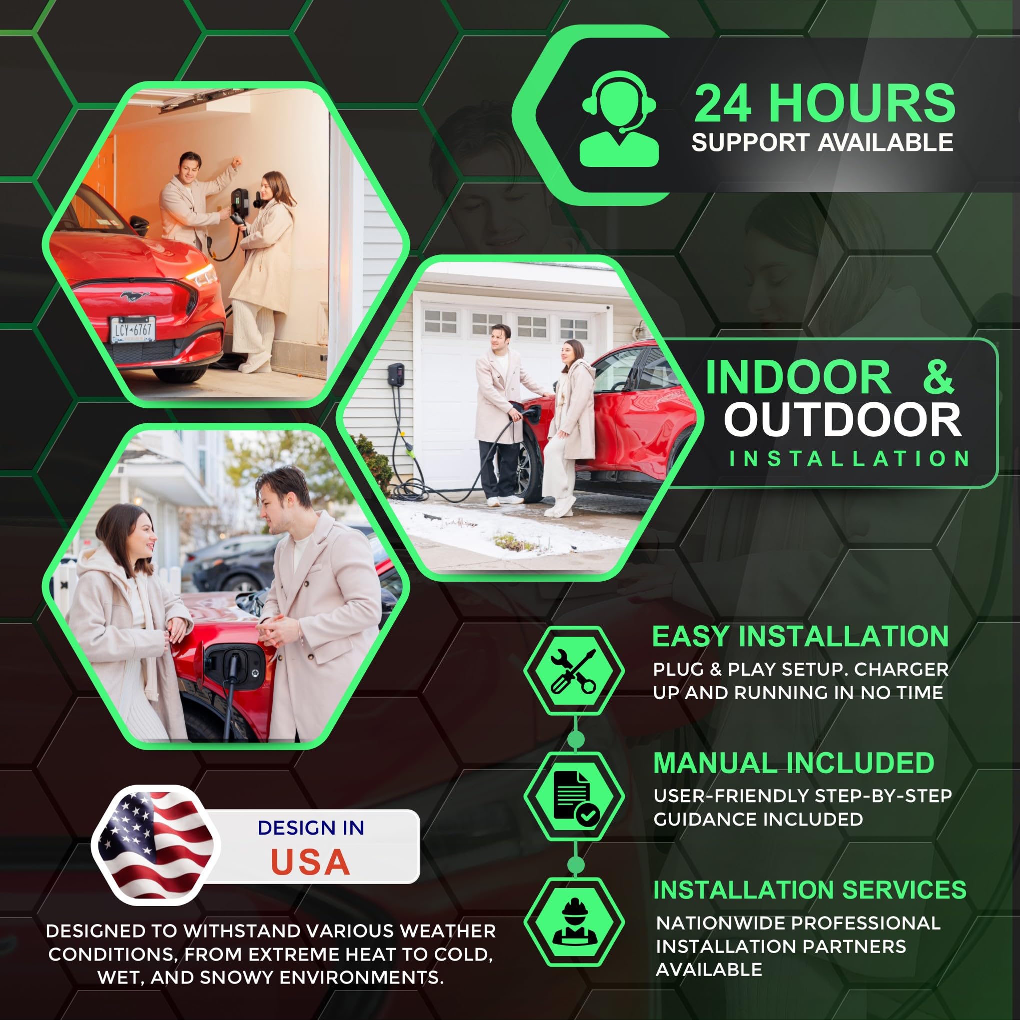MACH 1: Fast 48 Amp Level 2 EV Charger, Wall-Mount Electric Vehicle Charging Station, 200-240V Hardwire or NEMA 14-50. J1772 car Connector & Tesla NACS, Indoor/Outdoor, 30ft Cable evse Adapter