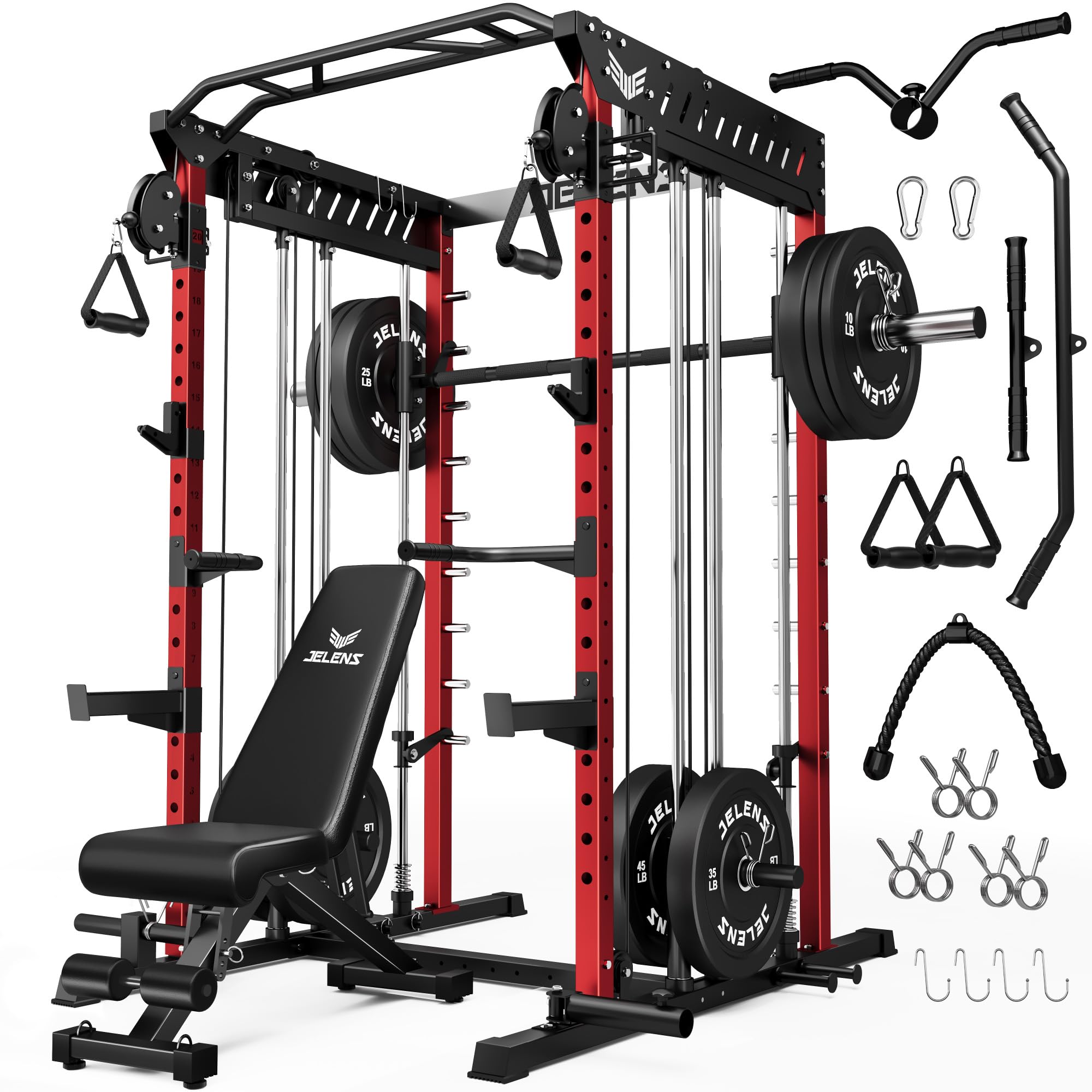 JELENS M21 Smith Machine, Multi-Function Power Cage with Dual Pulley Cable Crossover System, 2000LBS All-in-One Squat Rack with Smith Bar and Attachments for Home Gym