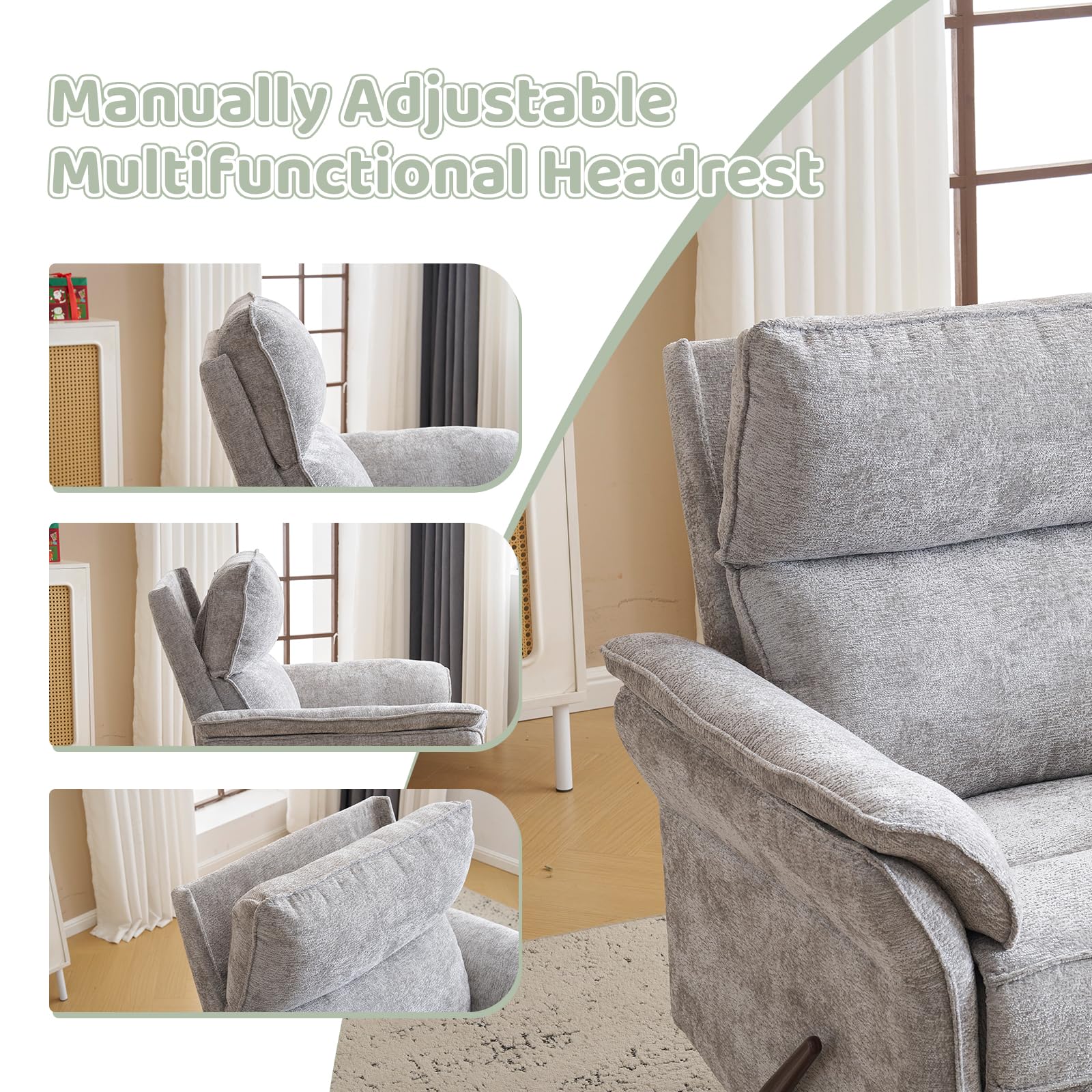 Oversized Rocking Chair Nursery with Massage and Heat, Glider Recliner Nursery Chair with Adjustable Headrest, Power Swivel Rocker Recliner Chair with USB Port, Dark Grey