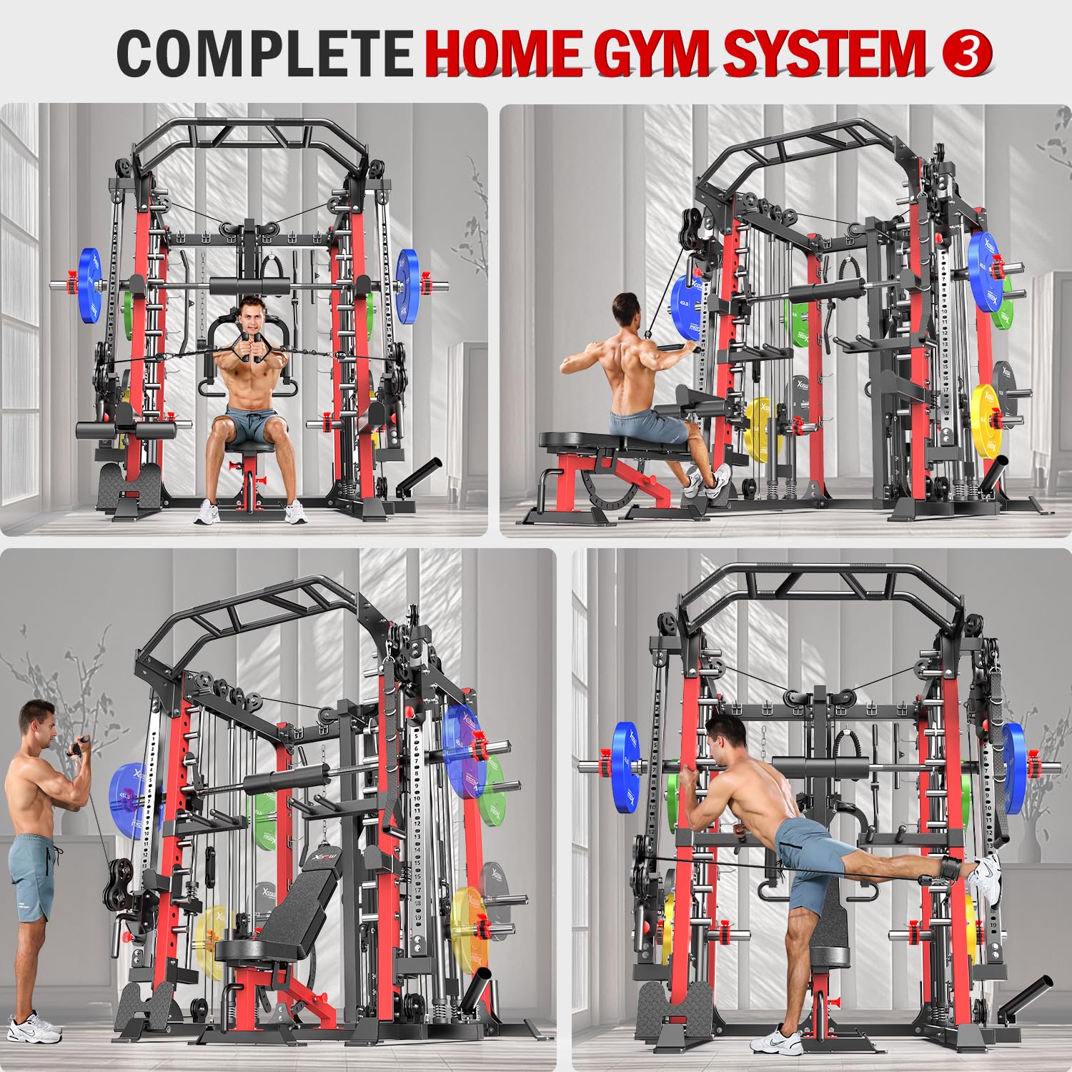 Smith Machine with Cable Crossover System, Multi-Function Squat Rack Power Cage for Home Gym, Power Rack and Packages Weight Sets