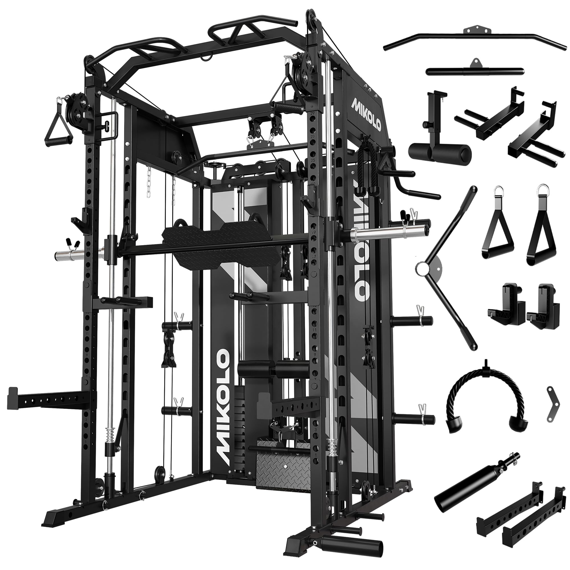Mikolo Smith Machine with Weight Stack, Power Cage Home Gym System with LAT Pulldown & Cable Crossover, Multi-Functional Trainer with Dual Pulley System, Includes 10+ Free Attachments