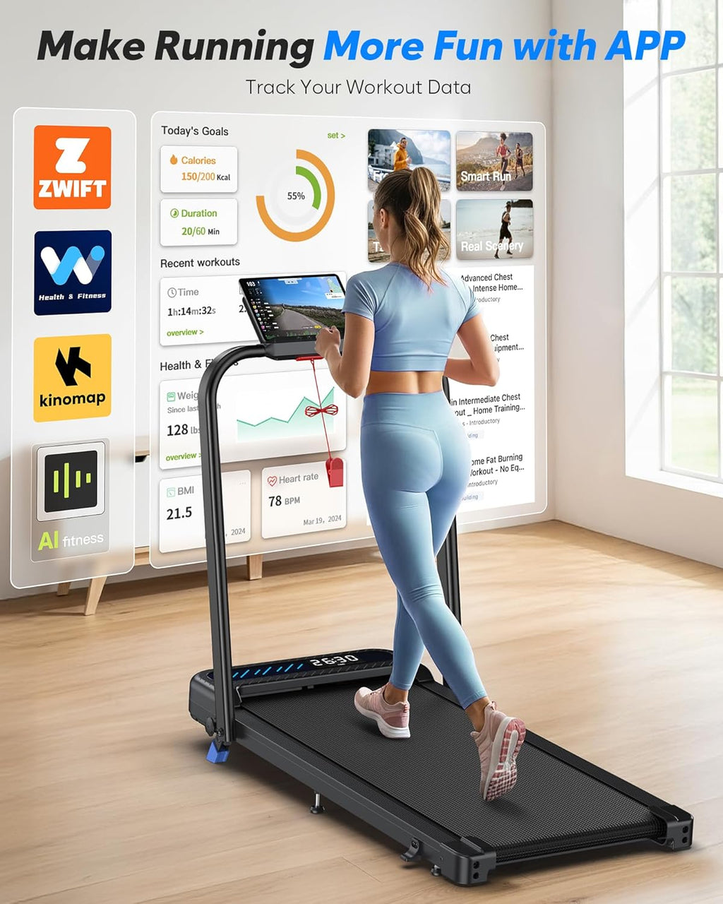 Cardirun Walking Pad with Incline and Handle Bar, Foldable Treadmills for Home Small Spaces, 3.0HP Quiet Compact Treadmill, Portable Under Desk Treadmill with LED Display, App & Remote Control