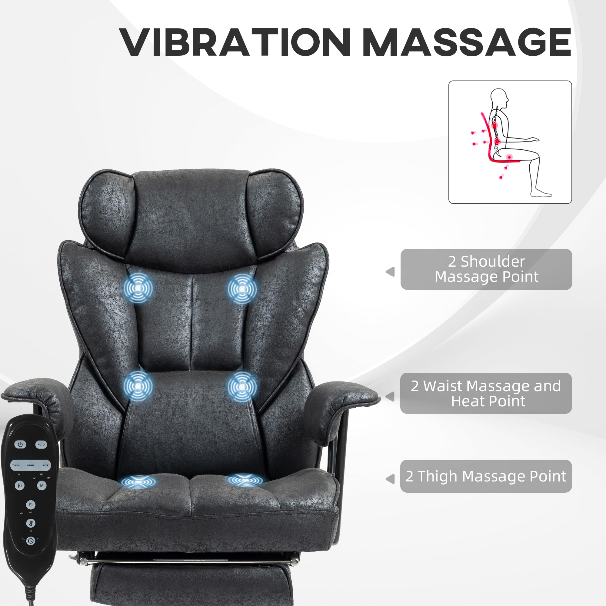 HOMCOM Massage Executive Office Chair with 6 Vibration Points, 400LBS Heated Big and Tall Office Chair with Foot Rest and Lumbar Support, Microfiber Reclining Computer Desk Chair, Gray