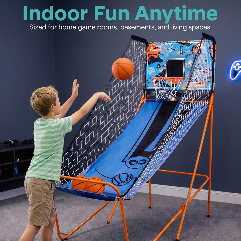 SereneLife Dual Shot Basketball Arcade Game with Electronic Scorer, 8 Game Modes, Indoor Outdoor 2 Player Basketball Shooting Game, Foldable Arcade Set with 5 Balls and Pump